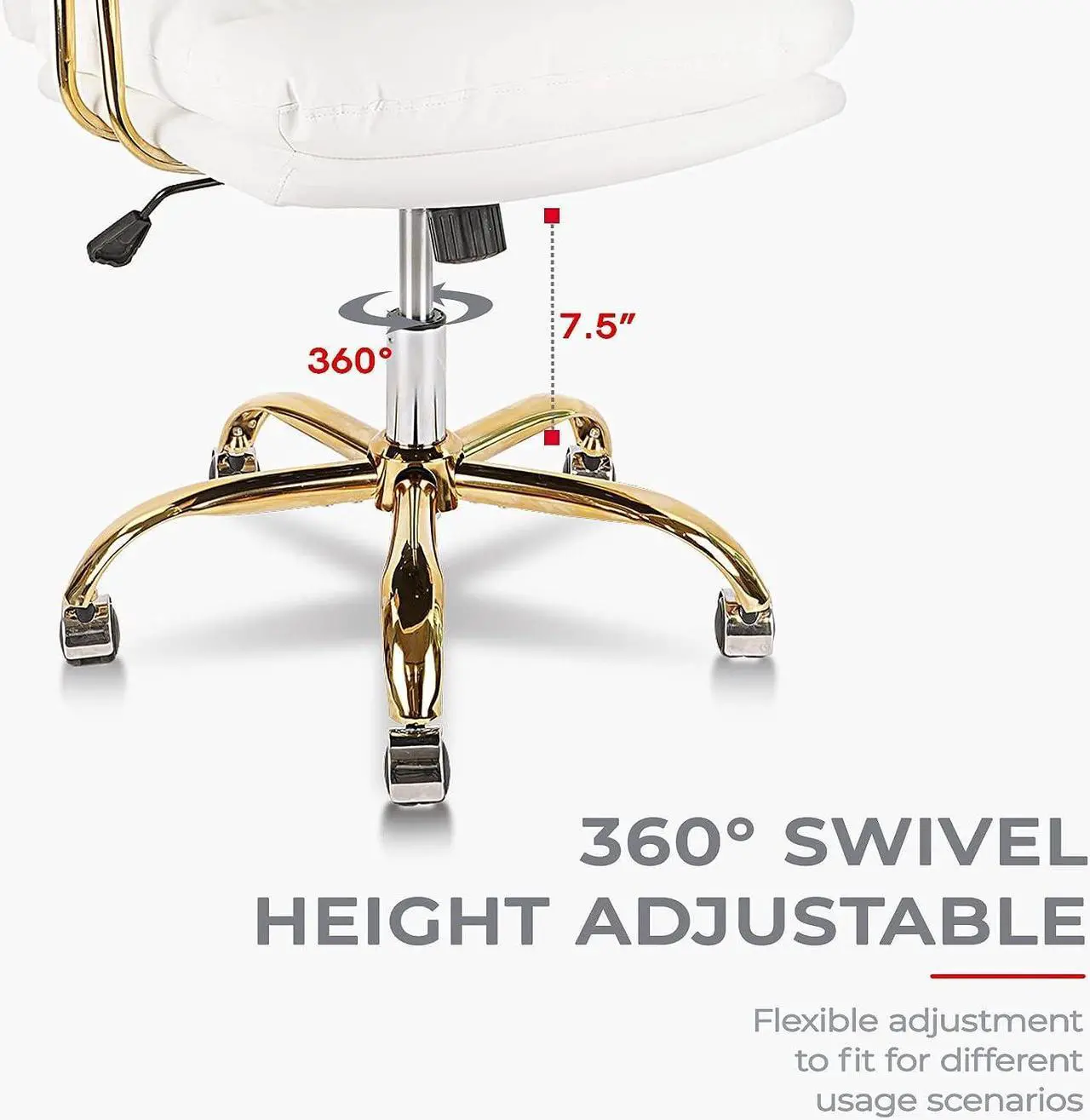 Alt view image 5 of 6 - KLASIKA Ergonomic Office Desk Chair for Heavy People with Wheels and Arms, Faux Leather Computer Chair for Home Bedroom Office, White Chair Gold Caster