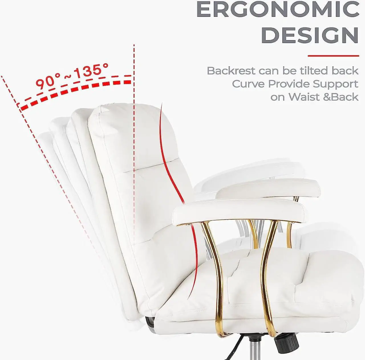 Alt view image 4 of 6 - KLASIKA Ergonomic Office Desk Chair for Heavy People with Wheels and Arms, Faux Leather Computer Chair for Home Bedroom Office, White Chair Gold Caster