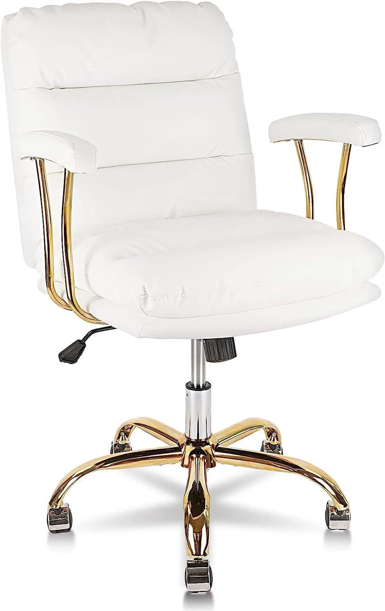 Main image of KLASIKA Ergonomic Office Desk Chair for Heavy People with Wheels and Arms, Faux Leather Computer Chair for Home Bedroom Office, White Chair Gold Caster