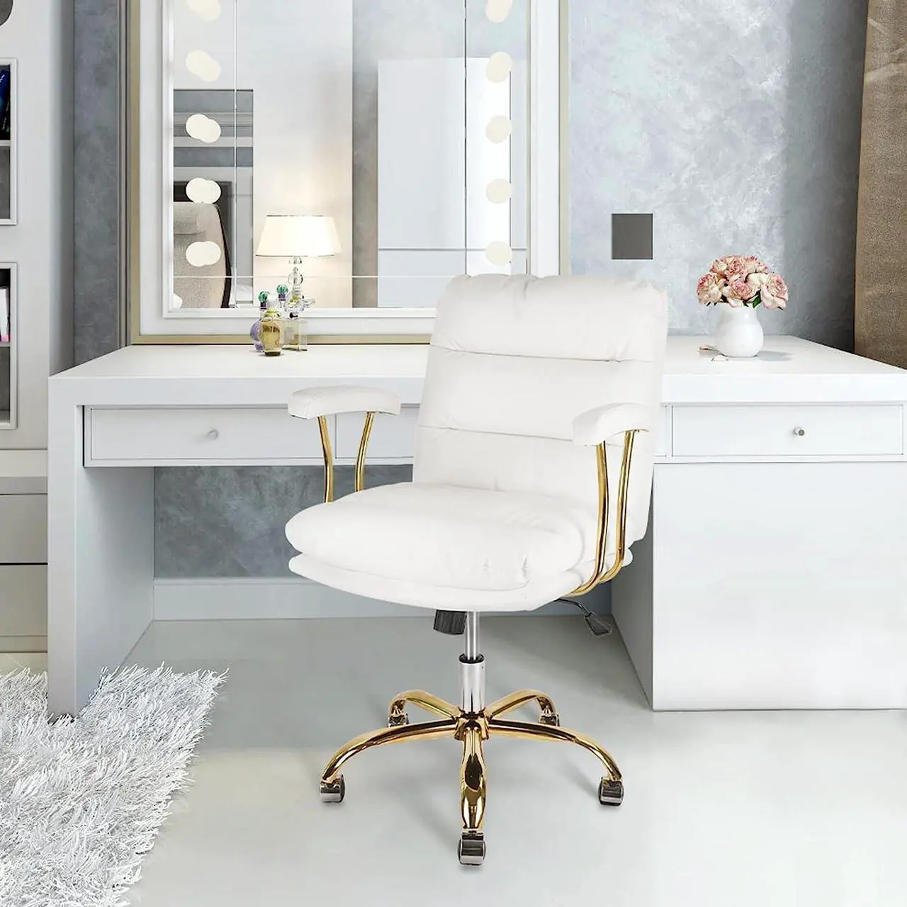 Alt view image 6 of 6 - KLASIKA Ergonomic Office Desk Chair for Heavy People with Wheels and Arms, Faux Leather Computer Chair for Home Bedroom Office, White Chair Gold Caster