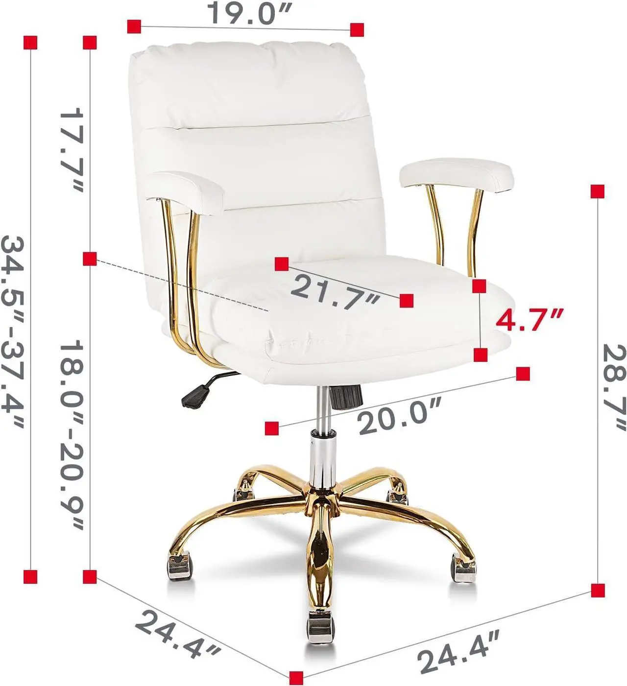 Alt view image 2 of 6 - KLASIKA Ergonomic Office Desk Chair for Heavy People with Wheels and Arms, Faux Leather Computer Chair for Home Bedroom Office, White Chair Gold Caster