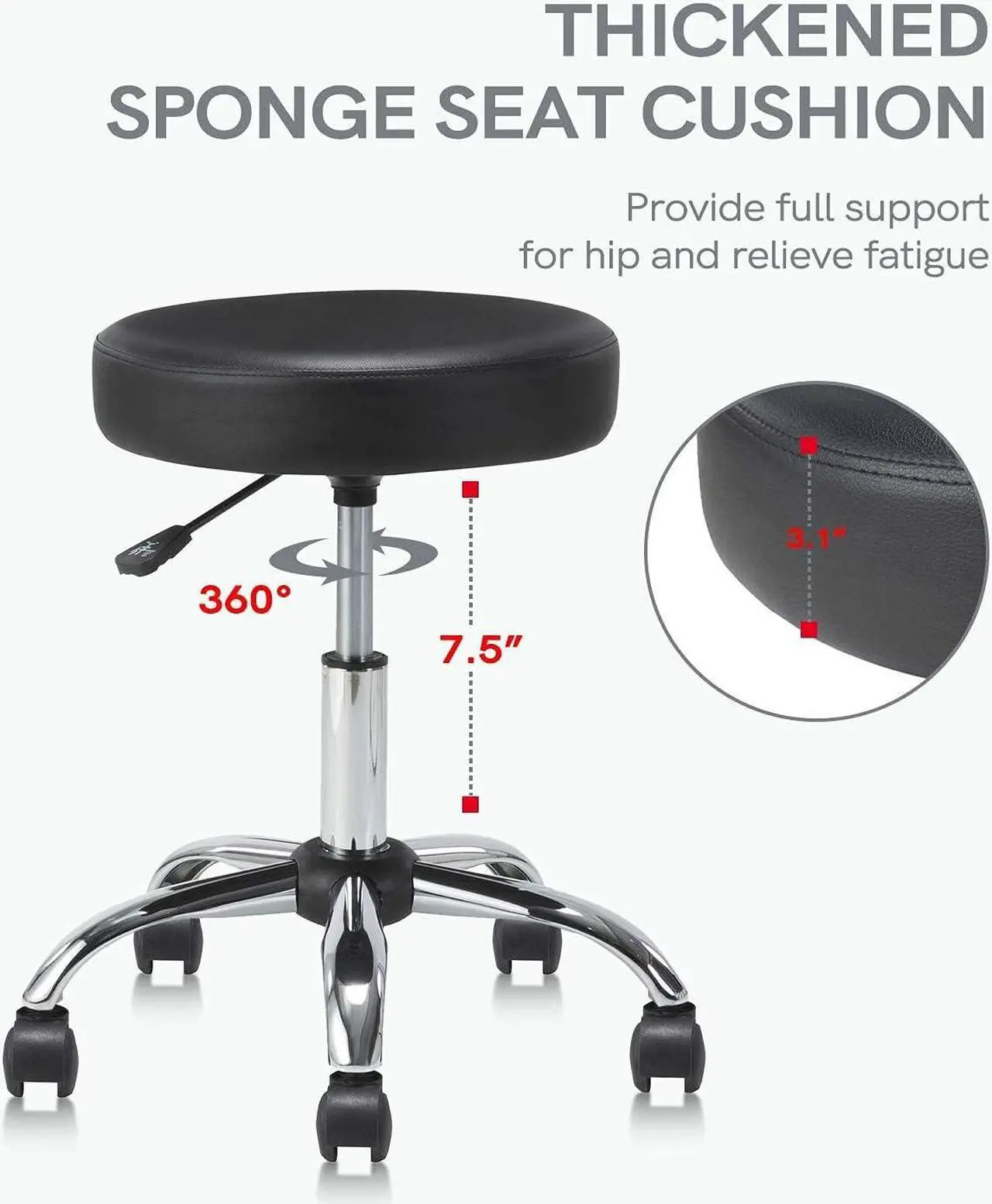 Alt view image 4 of 7 - KLASIKA Round Rolling Stool Swivel with Wheels Adjustable Height Seat 19.7"D x 19.7"W x 22"H Multi-Purpose Heavy Duty Wide Seat Drafting Stool Chair for Office Salon Massage Spa Medical Tattoo Beauty