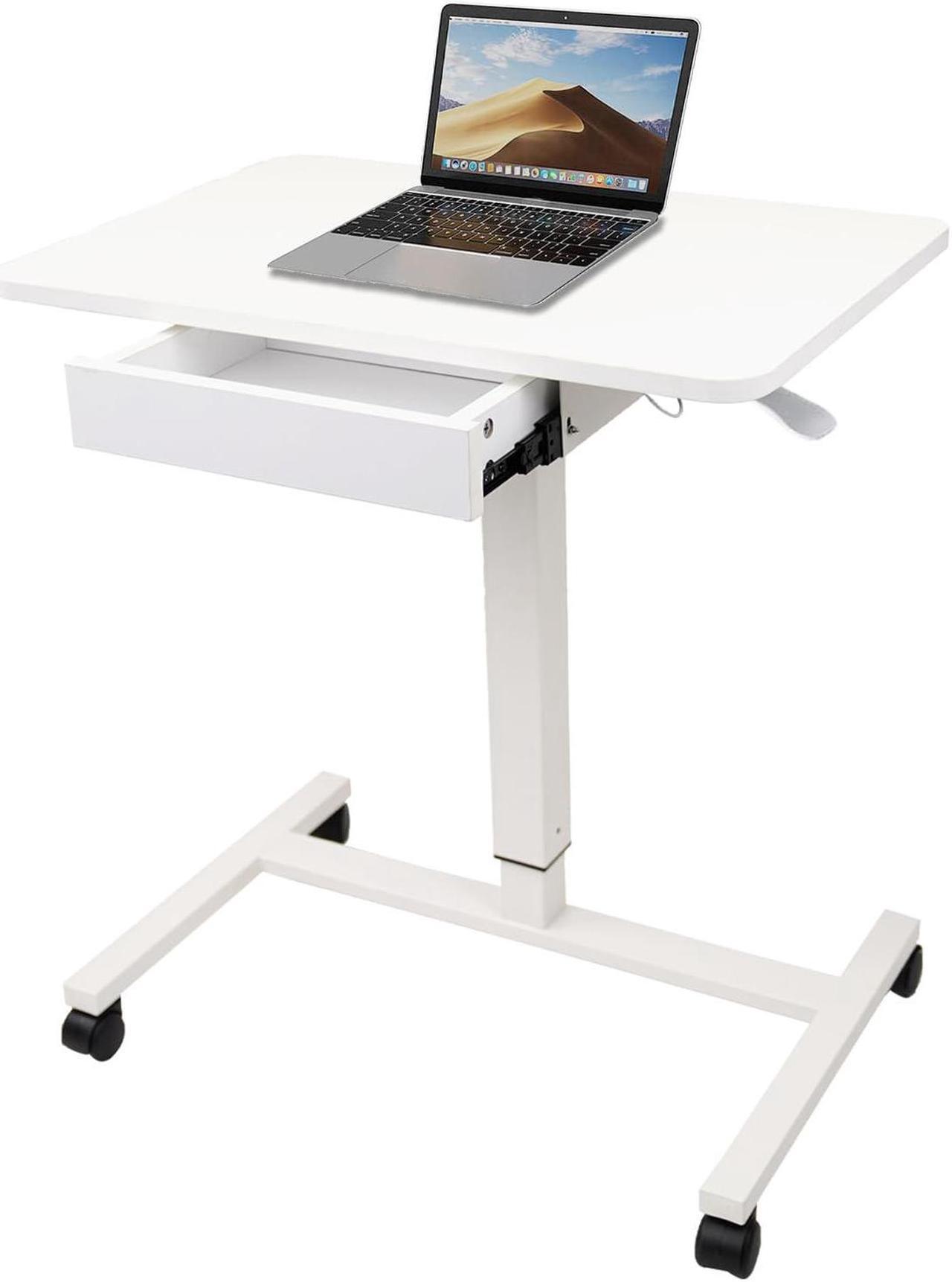 Main image of CLATINA Mobile Laptop Standing Desk, Height Adjustable Teacher Podium with Lockable Wheels, Adjustable Work Table with Drawer, Computer Cart Overbed Table for Home Office Classroom, White