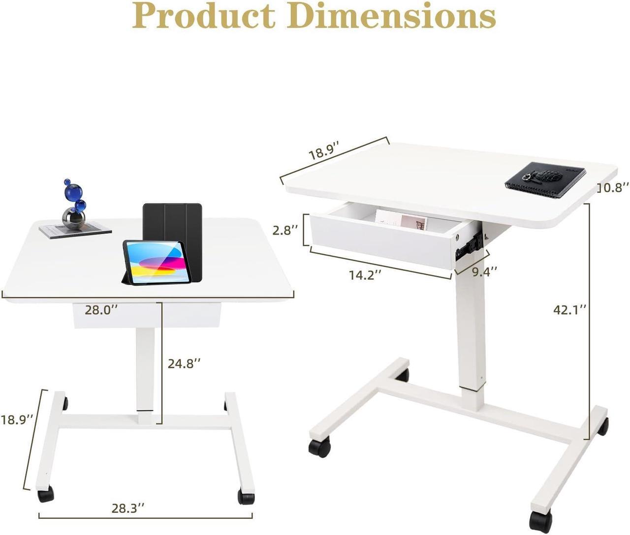 Alt view image 4 of 7 - CLATINA Mobile Laptop Standing Desk, Height Adjustable Teacher Podium with Lockable Wheels, Adjustable Work Table with Drawer, Computer Cart Overbed Table for Home Office Classroom, White