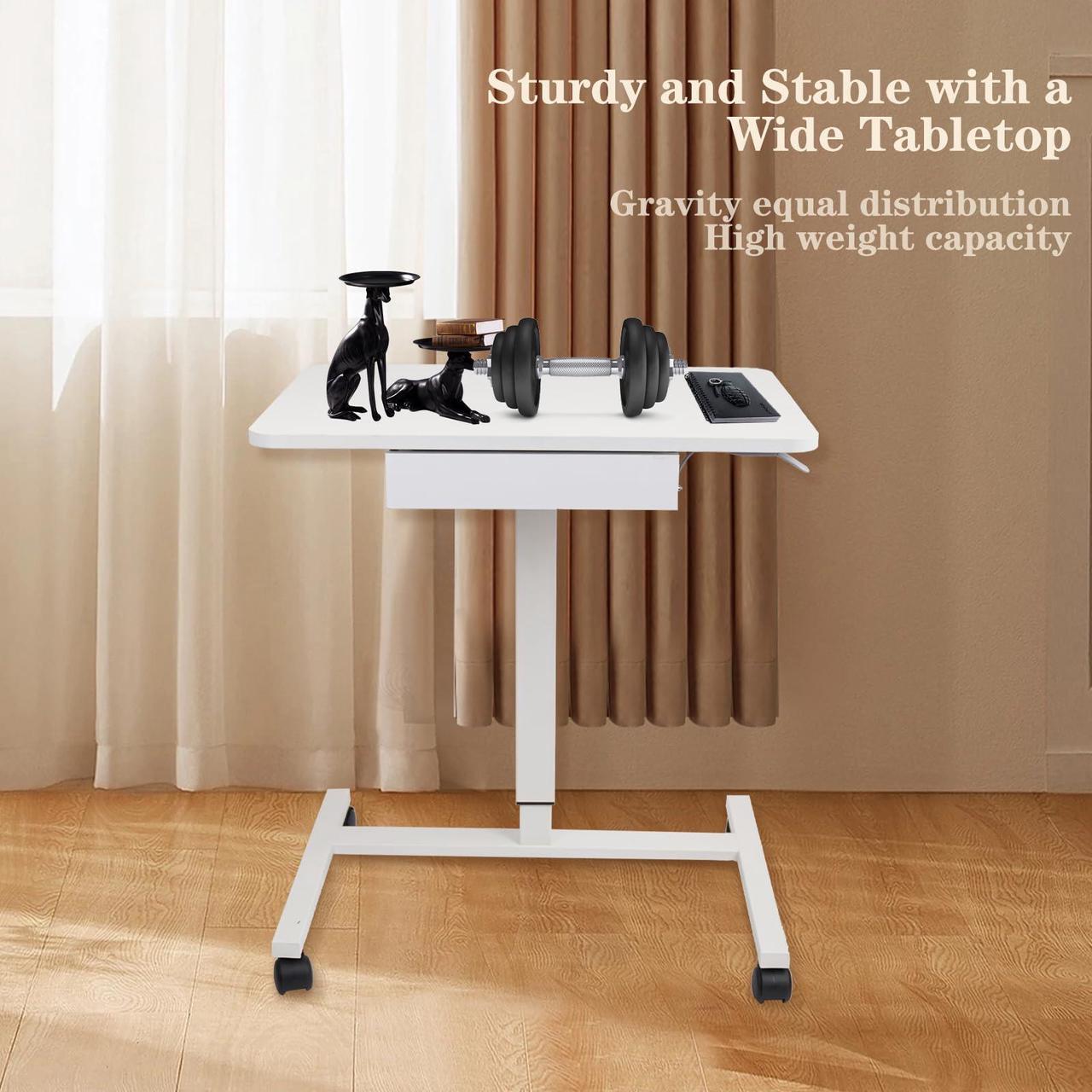 Alt view image 3 of 7 - CLATINA Mobile Laptop Standing Desk, Height Adjustable Teacher Podium with Lockable Wheels, Adjustable Work Table with Drawer, Computer Cart Overbed Table for Home Office Classroom, White