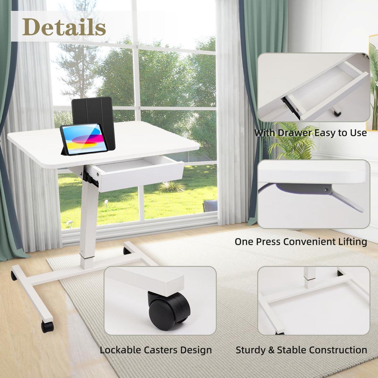 Alt view image 6 of 7 - CLATINA Mobile Laptop Standing Desk, Height Adjustable Teacher Podium with Lockable Wheels, Adjustable Work Table with Drawer, Computer Cart Overbed Table for Home Office Classroom, White