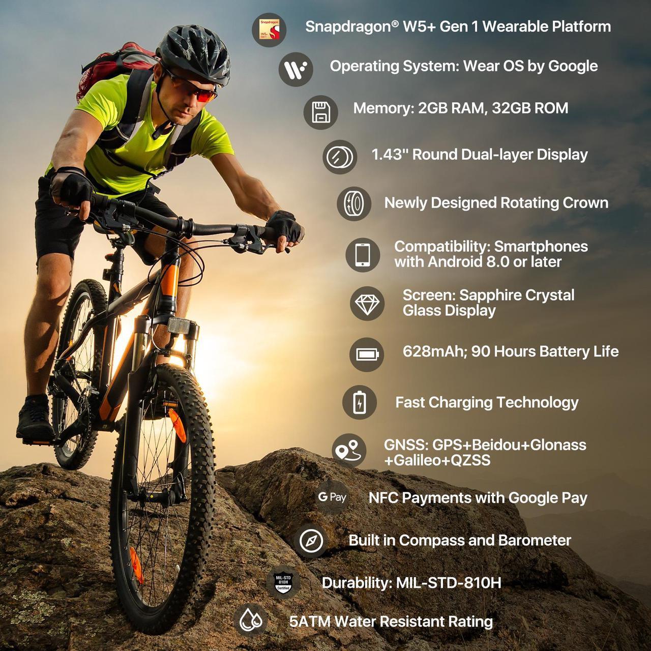 Alt view image 2 of 7 - Mobvoi TicWatch Pro 5 Enduro Smartwatch for Men 1.43" Android SmartWatch 90 Hrs Battery 110+ Workout Modes 7/24 Heart Rate Health Fitness Tracker Outdoor 5ATM GPS Compass Android Compatible Only