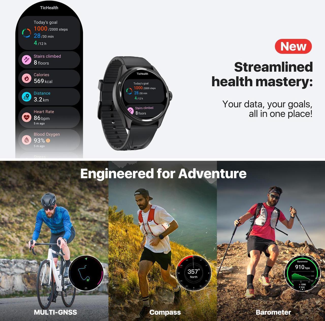 Alt view image 6 of 7 - Mobvoi TicWatch Pro 5 Enduro Smartwatch for Men 1.43" Android SmartWatch 90 Hrs Battery 110+ Workout Modes 7/24 Heart Rate Health Fitness Tracker Outdoor 5ATM GPS Compass Android Compatible Only