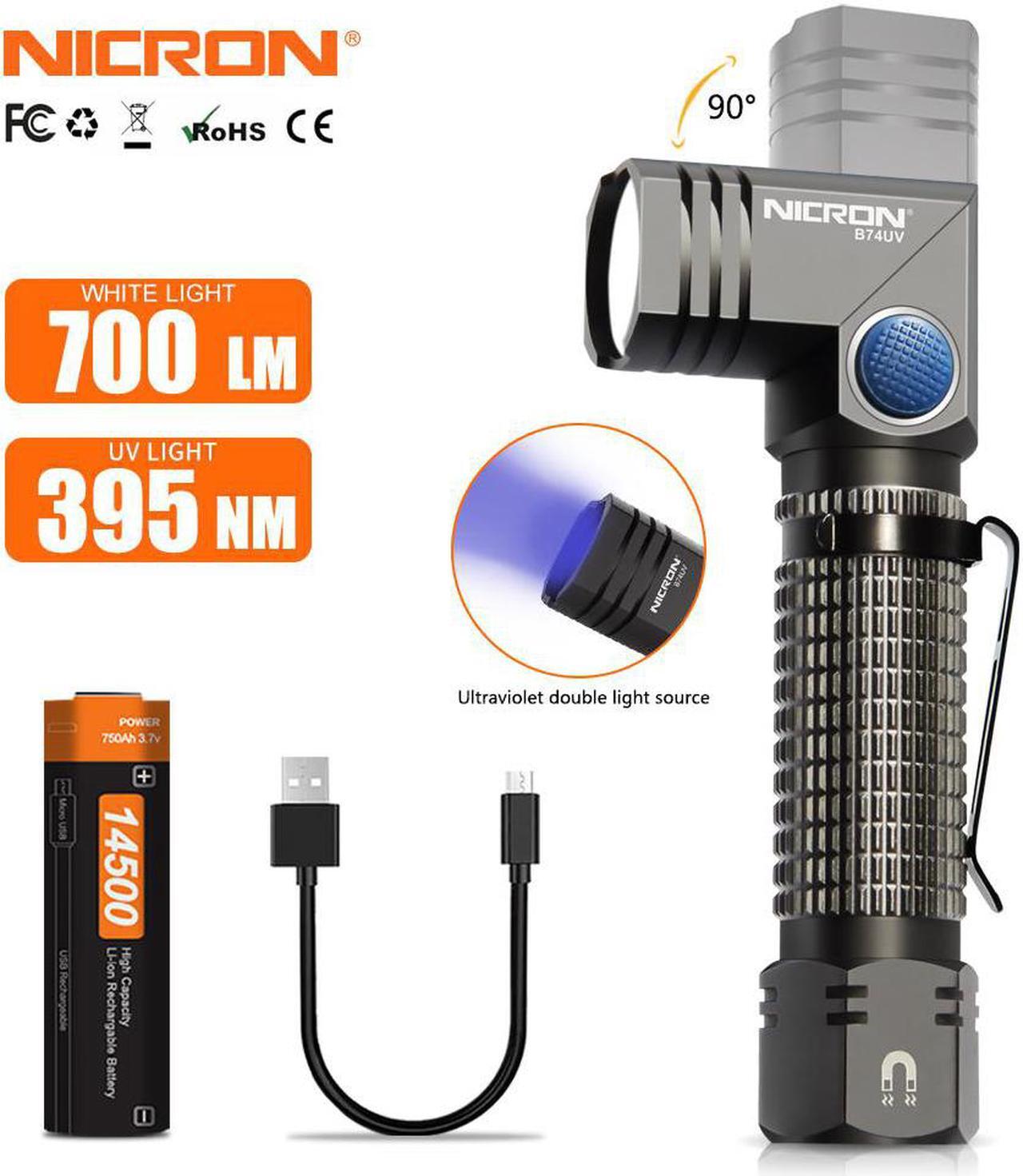 Main image of NICRON LED Rechargeable Flashlight, IP65 Waterproof, 700 Lumen, 90 Degree Rotating Head, Mini Rechargeable Hand Lamp, 5 Modes for Outdoor Camping, with 14500 Battery, B74UV