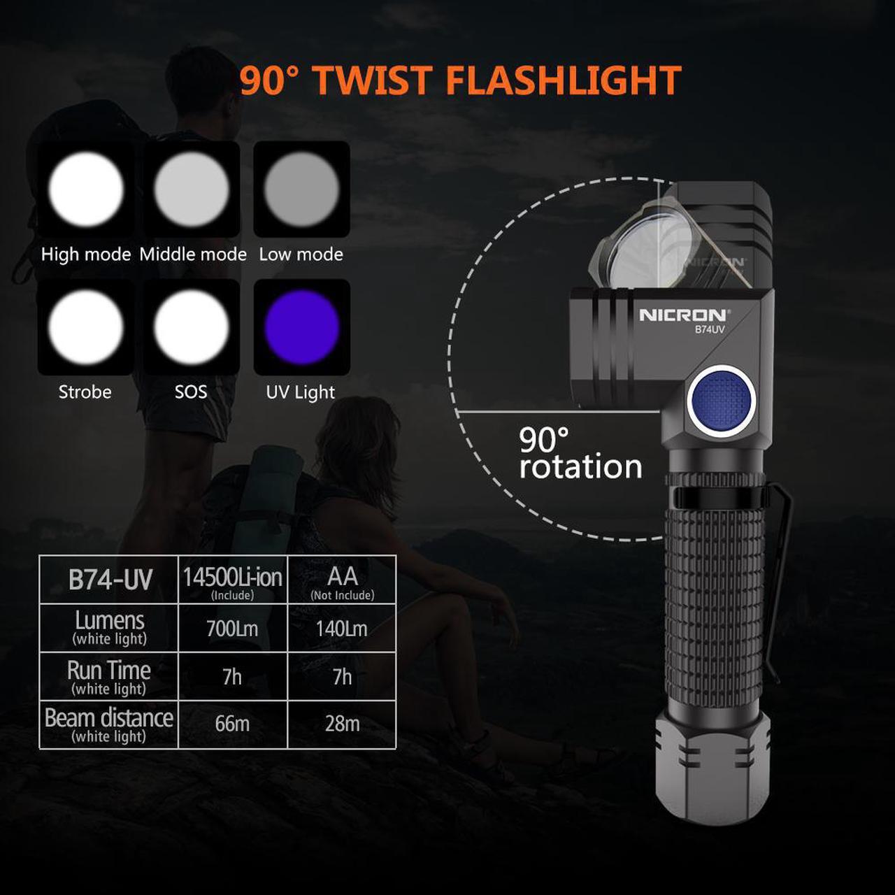 Alt view image 5 of 7 - NICRON LED Rechargeable Flashlight, IP65 Waterproof, 700 Lumen, 90 Degree Rotating Head, Mini Rechargeable Hand Lamp, 5 Modes for Outdoor Camping, with 14500 Battery, B74UV