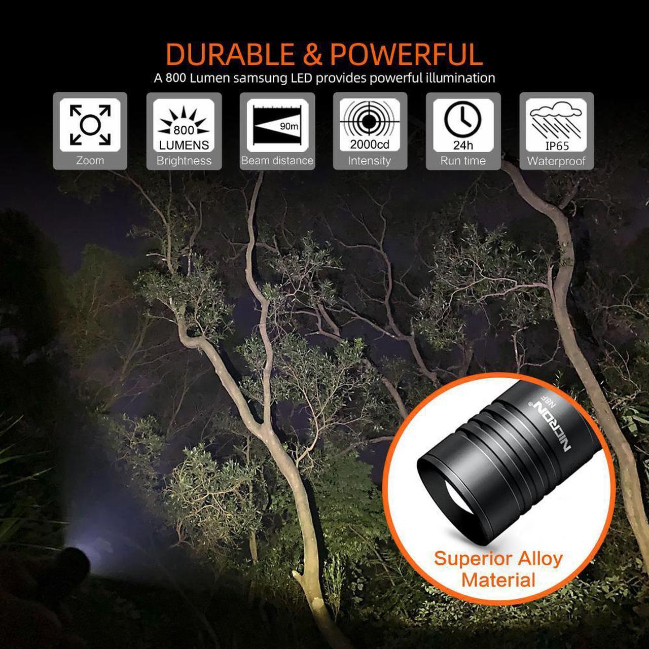 Alt view image 3 of 7 - NICRON 800 Lumen N8F Focus Flashlight with 5 Modes,Zoomable LED Flashlight with Rechargeable Battery and Micro-USB,IP65 Waterproof and Dustproof,Suitable for Camping,Fishing, Jogging,Outdoors N8F