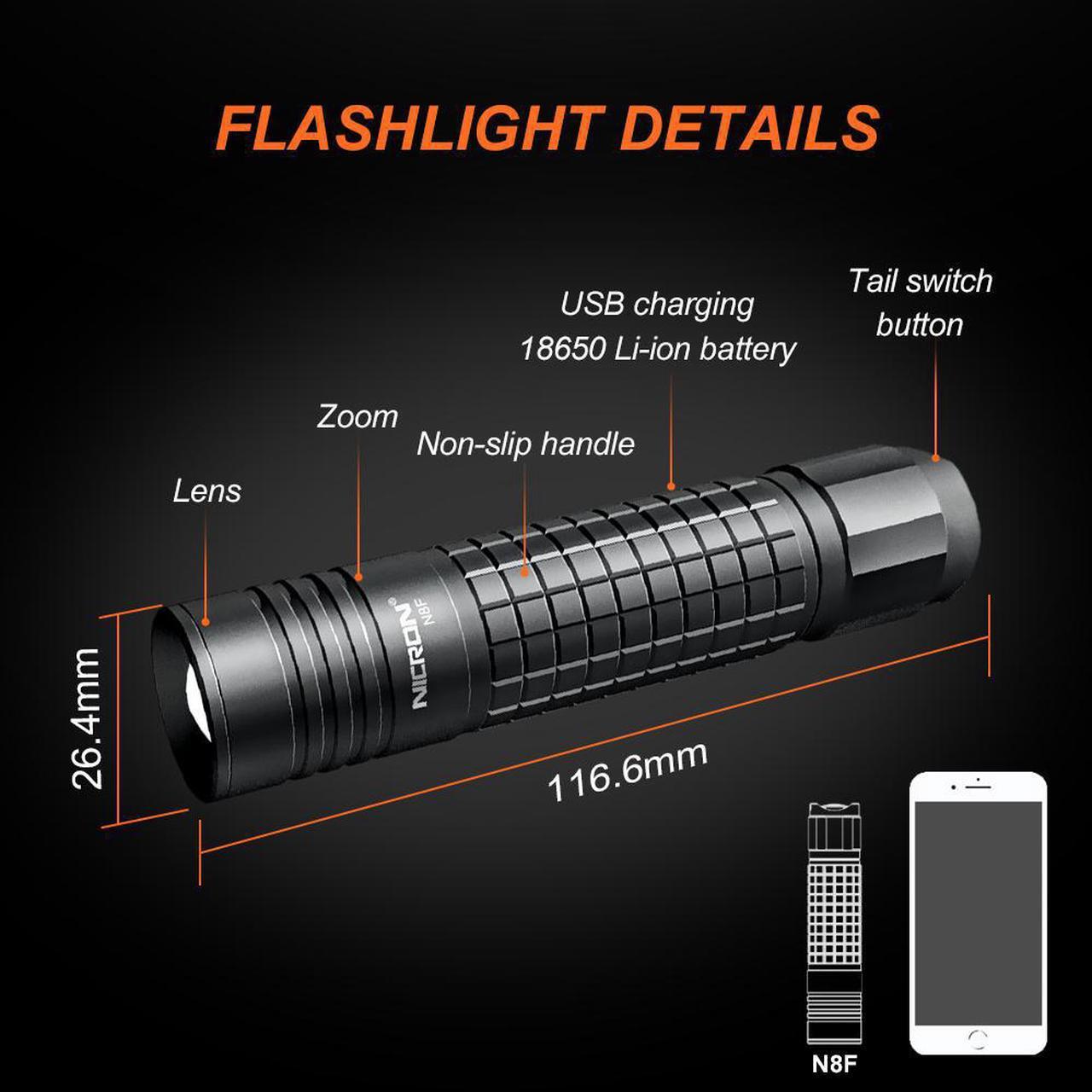 Alt view image 6 of 7 - NICRON 800 Lumen N8F Focus Flashlight with 5 Modes,Zoomable LED Flashlight with Rechargeable Battery and Micro-USB,IP65 Waterproof and Dustproof,Suitable for Camping,Fishing, Jogging,Outdoors N8F