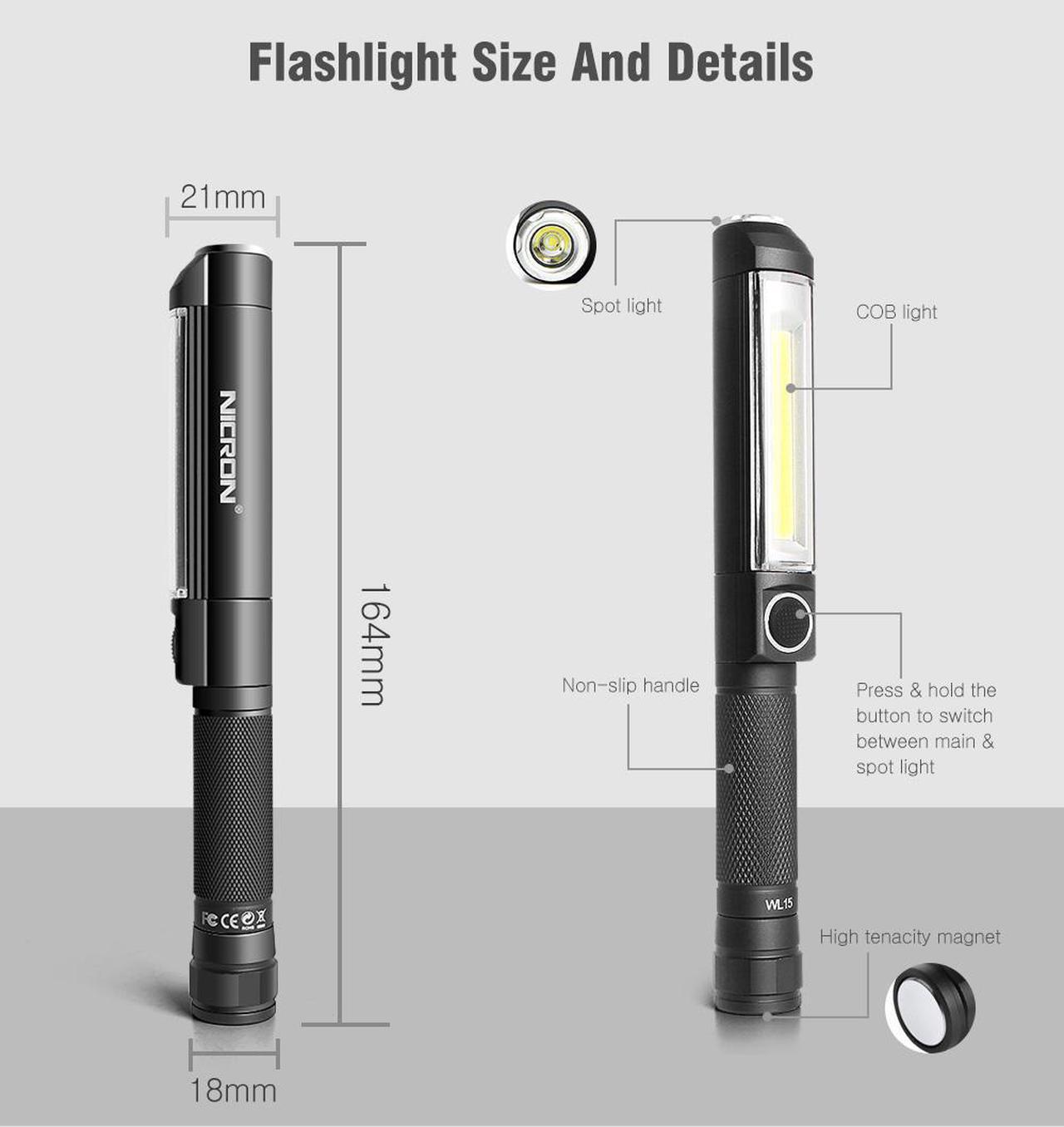 Alt view image 7 of 7 - NICON Worklight Pocket Light With Both Spot and Flood Light,COB Magnetic Base Work Light, 500 Lumens Inspection Pen Light 5 Modes LED Flood Handheld Led Flashlight 3*AAA For Car Repair, Household WL15