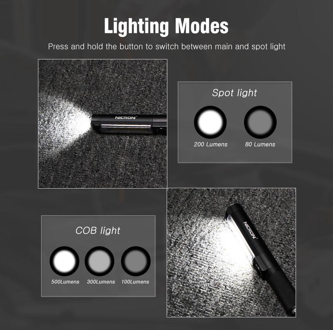 Alt view image 3 of 7 - NICON Worklight Pocket Light With Both Spot and Flood Light,COB Magnetic Base Work Light, 500 Lumens Inspection Pen Light 5 Modes LED Flood Handheld Led Flashlight 3*AAA For Car Repair, Household WL15