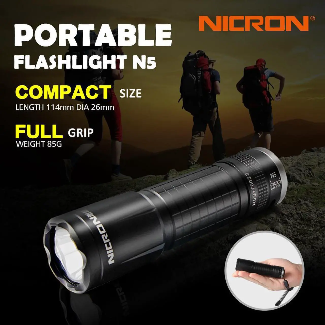 Main image of NICRON 3W LED flashlight N5 waterproof IP65 200LM brightness beam distance 175m 3pcs AAA battery mini flashlight for outdoor household maintenance N5