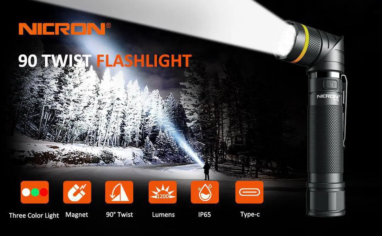 Alt view image 2 of 6 - NICRON Magnet 90 Degree Rechargeable LED Flashlight Handfree Ultra High Brightness 1200LM With Three Light Color(White,Red,Green),Waterproof Rotatable head LED Torch For Household Outdoor Use B70