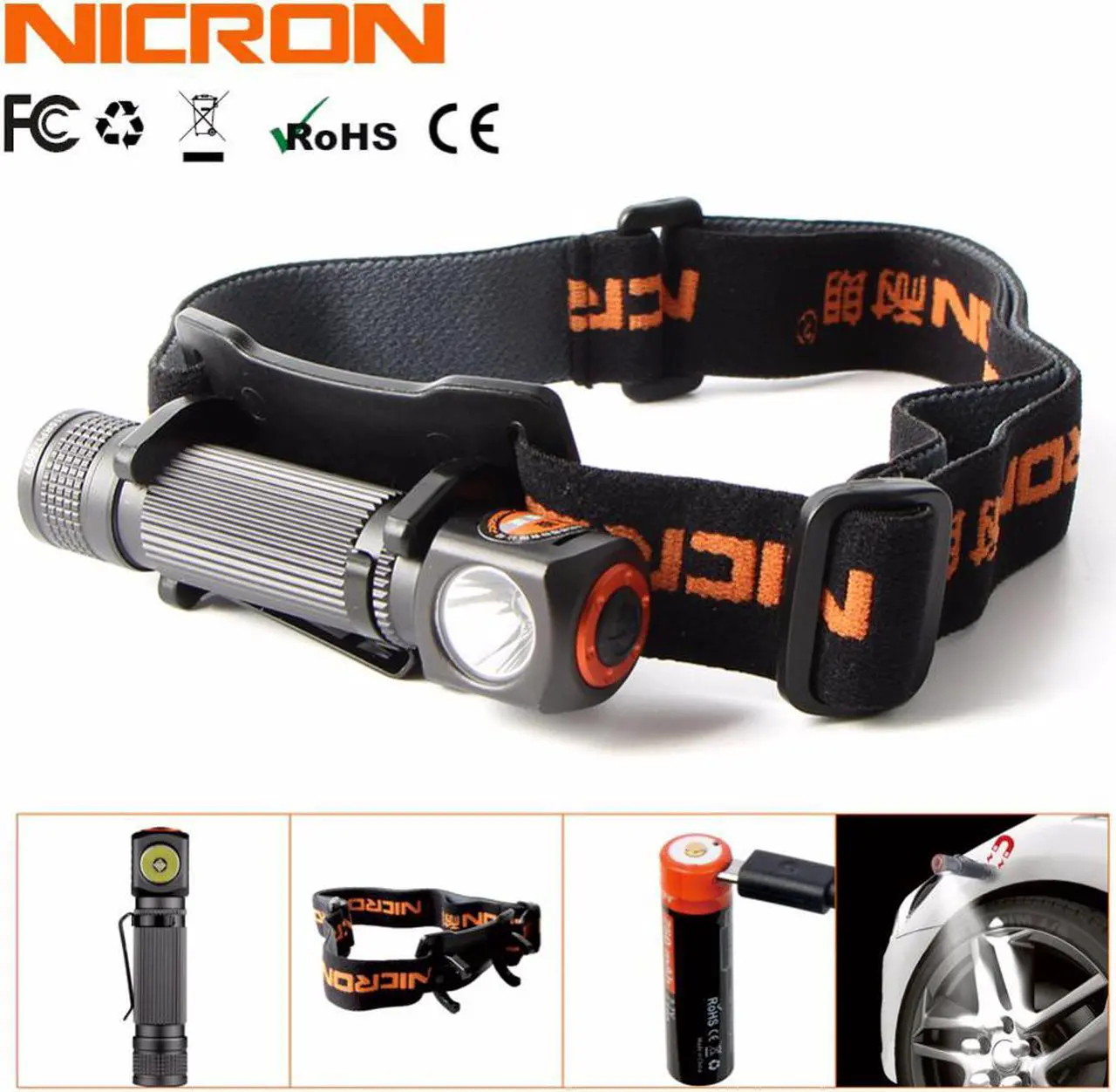 Main image of NICRON Mini Rechargeable LED Headlamp 450Lm 75M Long Beam Waterproof IP65 Flashlight Headlight Torch Lamp For Camping H10R