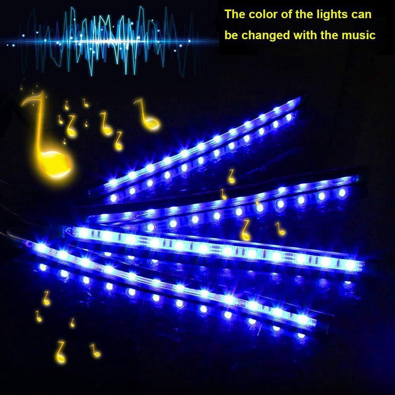 Alt view image 4 of 7 - Car LED Strip Light, 4pcs 72 LED DC 12V Multicolor Music Car Interior Light LED Under Dash Lighting Kit with Sound Active Function and Wireless Remote Control, Car Charger