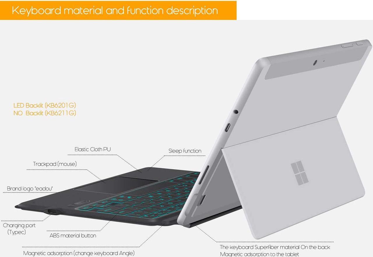 Alt view image 3 of 7 - Type Cover for Microsoft Surface Go 3 2021 / Surface Go 2 2020 / Surface Go 2018 Ultra-Slim Portable Wireless Bluetooth Keyboard with Trackpad, Rechargeable Battery and Charging Cable