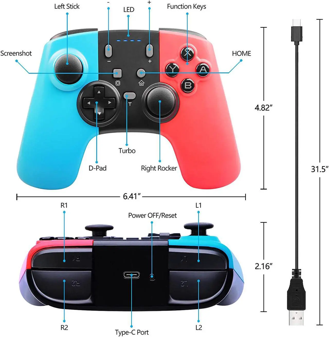 Alt view image 3 of 6 - Wireless Pro Controller Compatible with Switch / Switch Lite, Rechargeable Battery Replacement Remote Extra Gamepad Joystick, Support Motion Control and Dual Shock