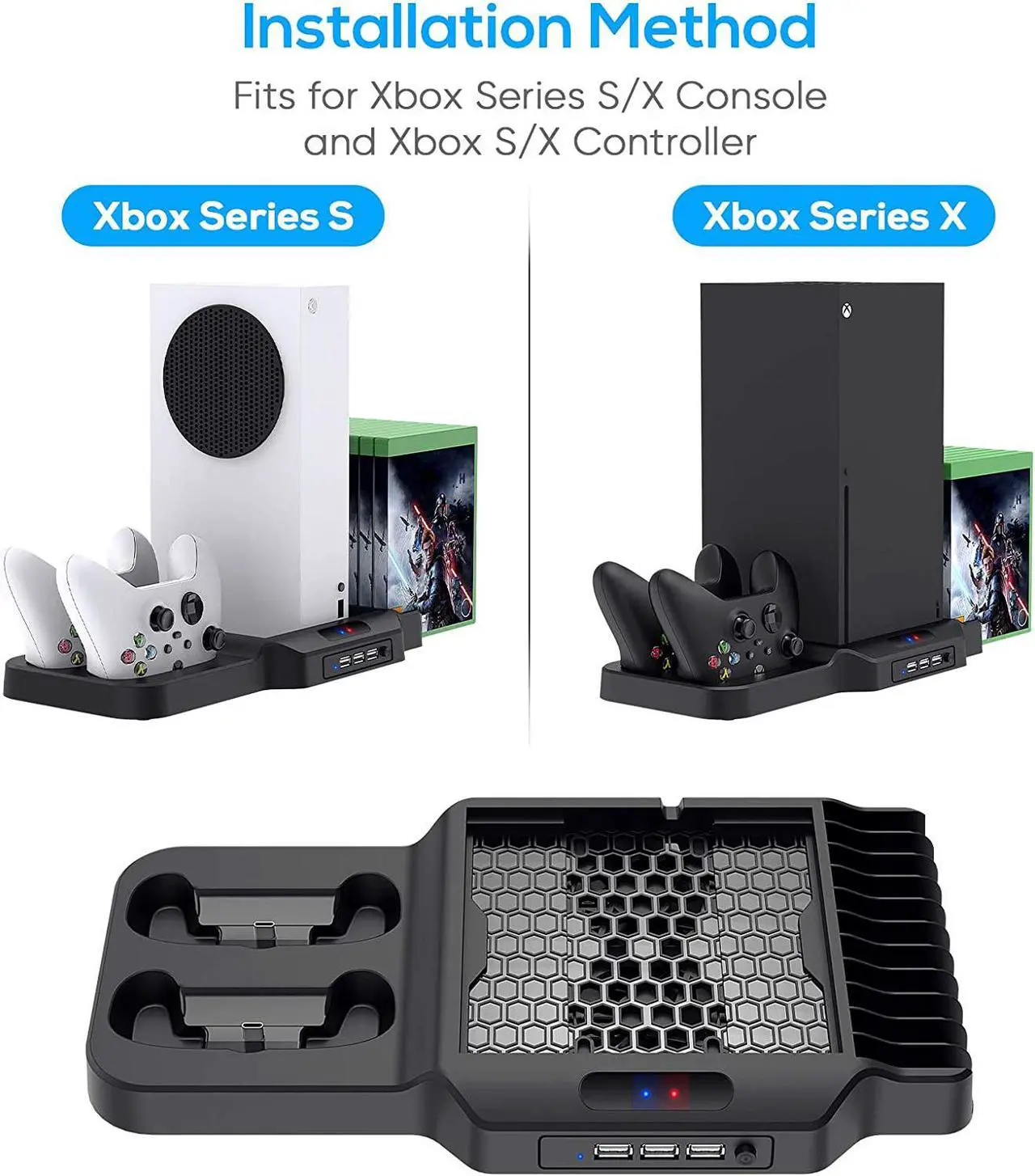Alt view image 2 of 7 - Vertical Stand with Cooling Fan for Xbox Series X / S, Charging Station Dock with Dual Controller Charger Ports, Game Storage and Cooler System for Xbox Series X / S