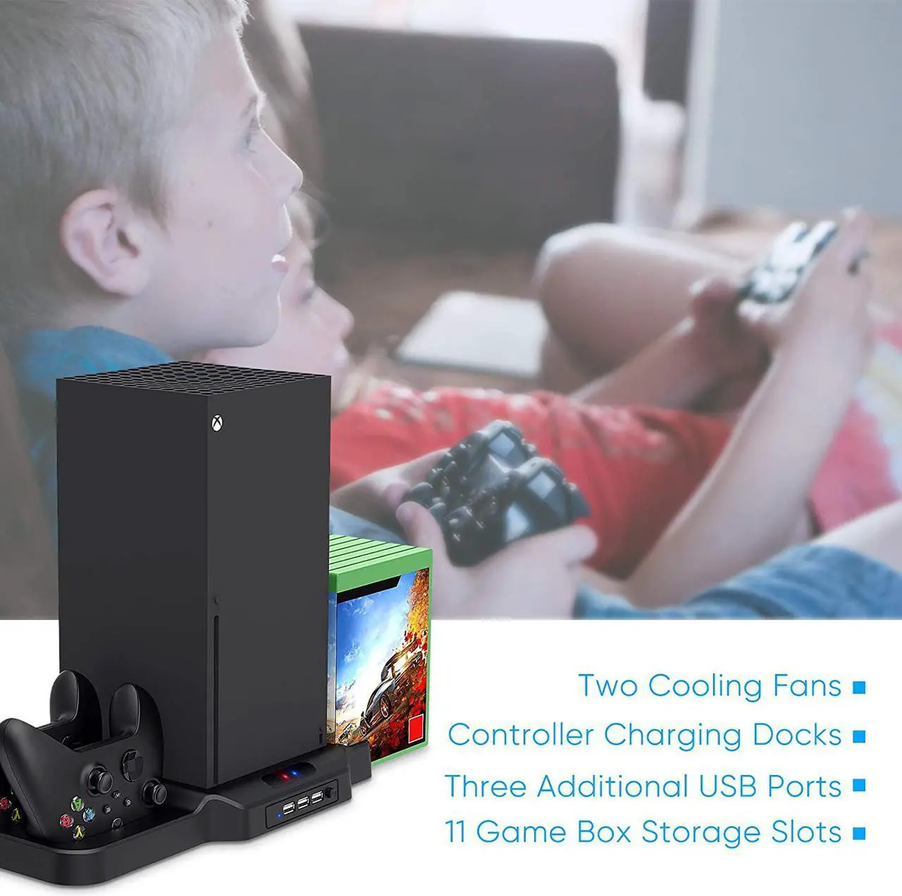 Alt view image 7 of 7 - Vertical Stand with Cooling Fan for Xbox Series X / S, Charging Station Dock with Dual Controller Charger Ports, Game Storage and Cooler System for Xbox Series X / S