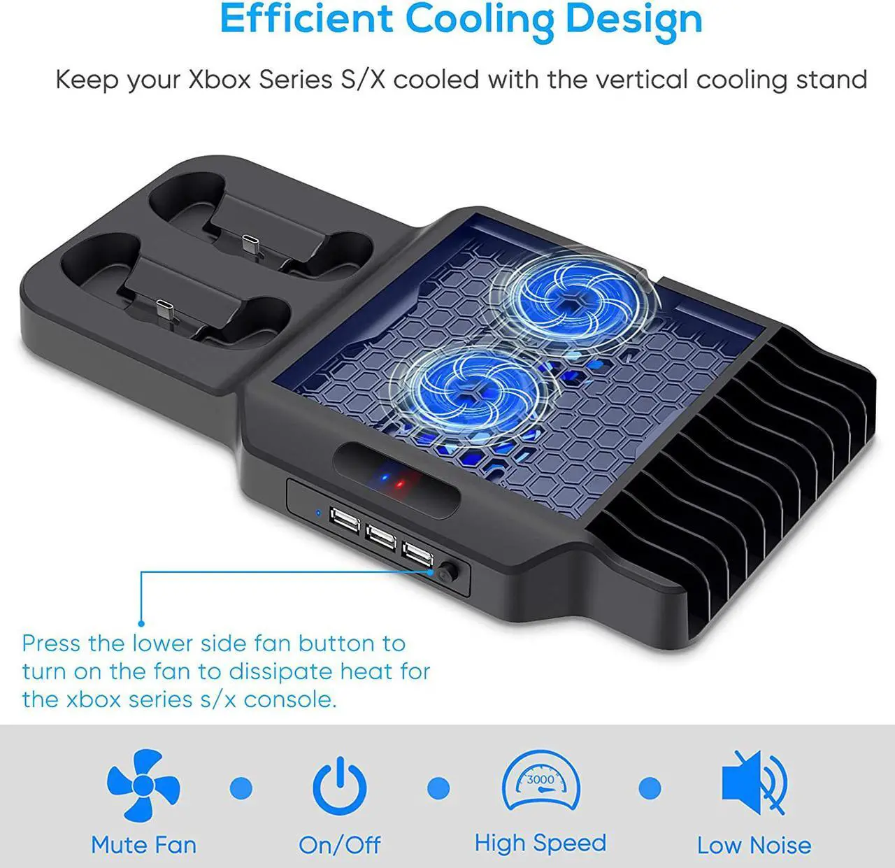 Alt view image 4 of 7 - Vertical Stand with Cooling Fan for Xbox Series X / S, Charging Station Dock with Dual Controller Charger Ports, Game Storage and Cooler System for Xbox Series X / S