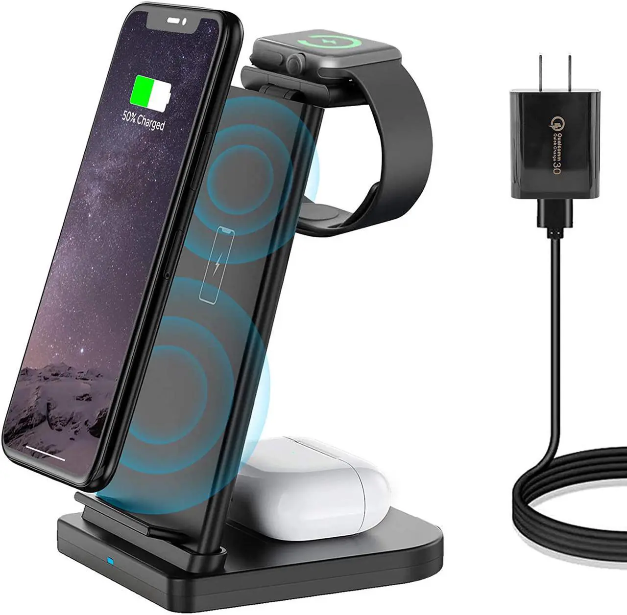 Main image of Wireless Charger Stand 3 in 1, Detachable Fast Wireless Charging Station Dock Compatible for Apple Watch 6 5 4 3 2 1, Airpods 2/Pro, iPhone 12 Pro Max/11 Pro Max/X/Xr/Xs, Samsung, Qi-Certified