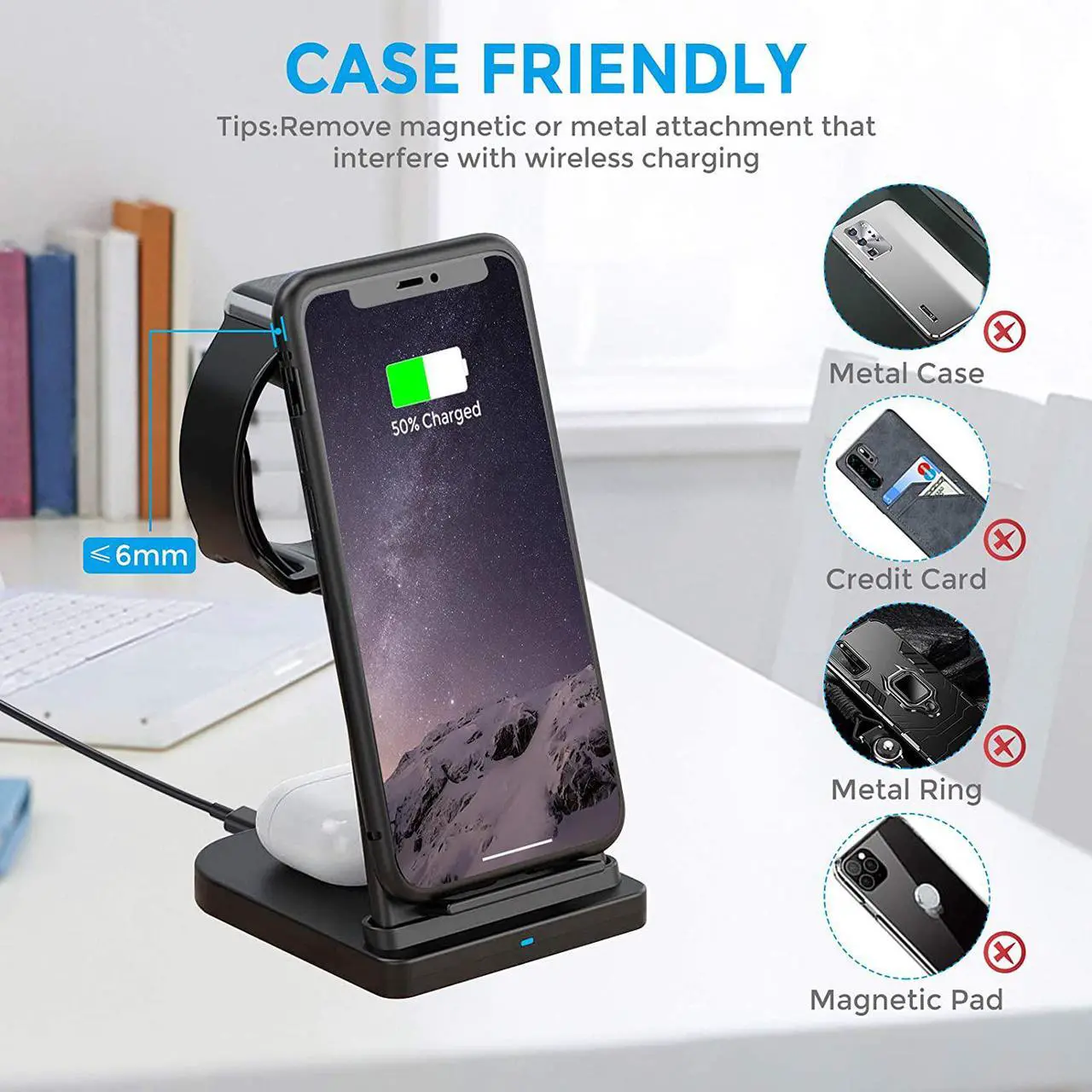 Alt view image 6 of 7 - Wireless Charger Stand 3 in 1, Detachable Fast Wireless Charging Station Dock Compatible for Apple Watch 6 5 4 3 2 1, Airpods 2/Pro, iPhone 12 Pro Max/11 Pro Max/X/Xr/Xs, Samsung, Qi-Certified
