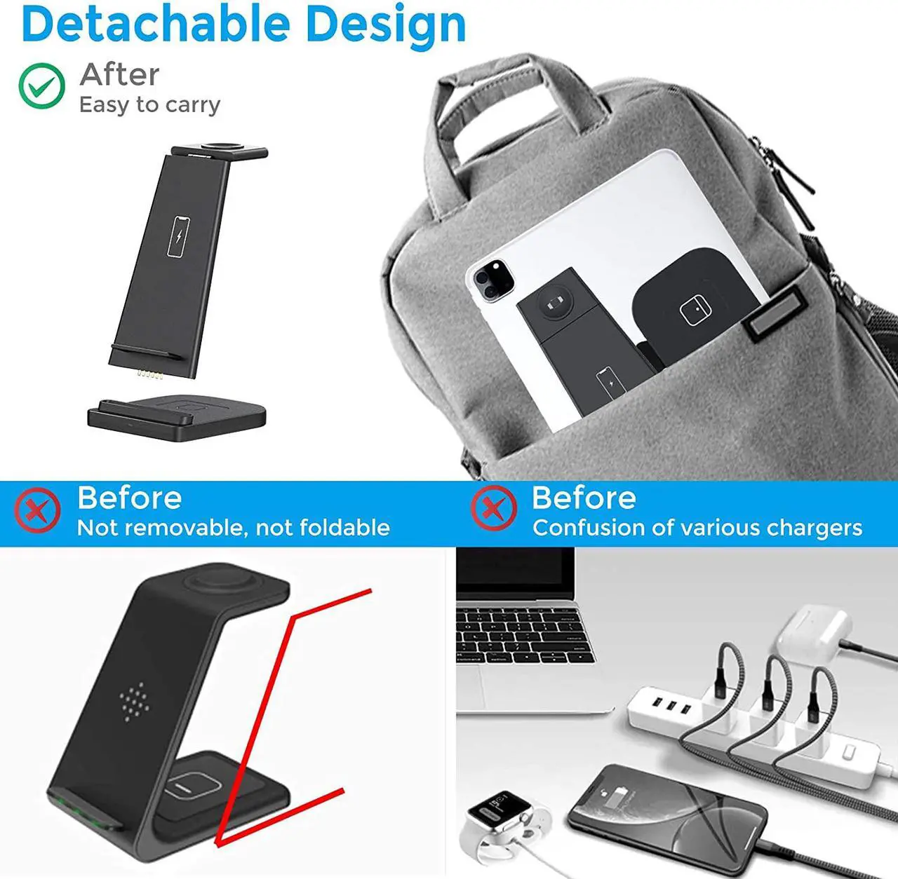 Alt view image 4 of 7 - Wireless Charger Stand 3 in 1, Detachable Fast Wireless Charging Station Dock Compatible for Apple Watch 6 5 4 3 2 1, Airpods 2/Pro, iPhone 12 Pro Max/11 Pro Max/X/Xr/Xs, Samsung, Qi-Certified