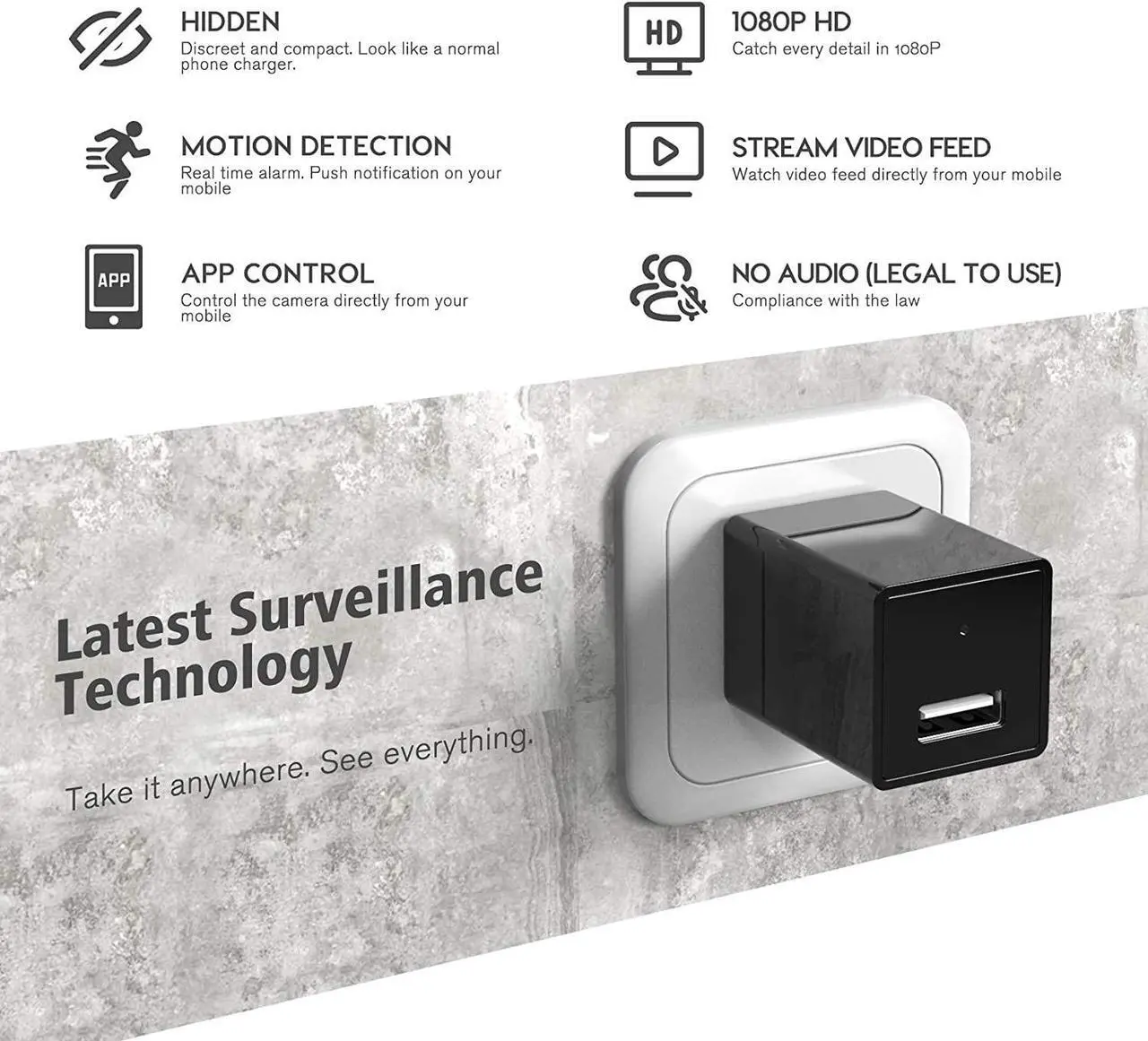 Alt view image 4 of 7 - Spy camera USB Phone charger 1080p HD hidden camera, WiFi Wireless wall plug USB Charger [Motion Detection, AC Adapter, Remote App Control] Nanny camera |Home, Kids, Baby, Pet monitoring cam