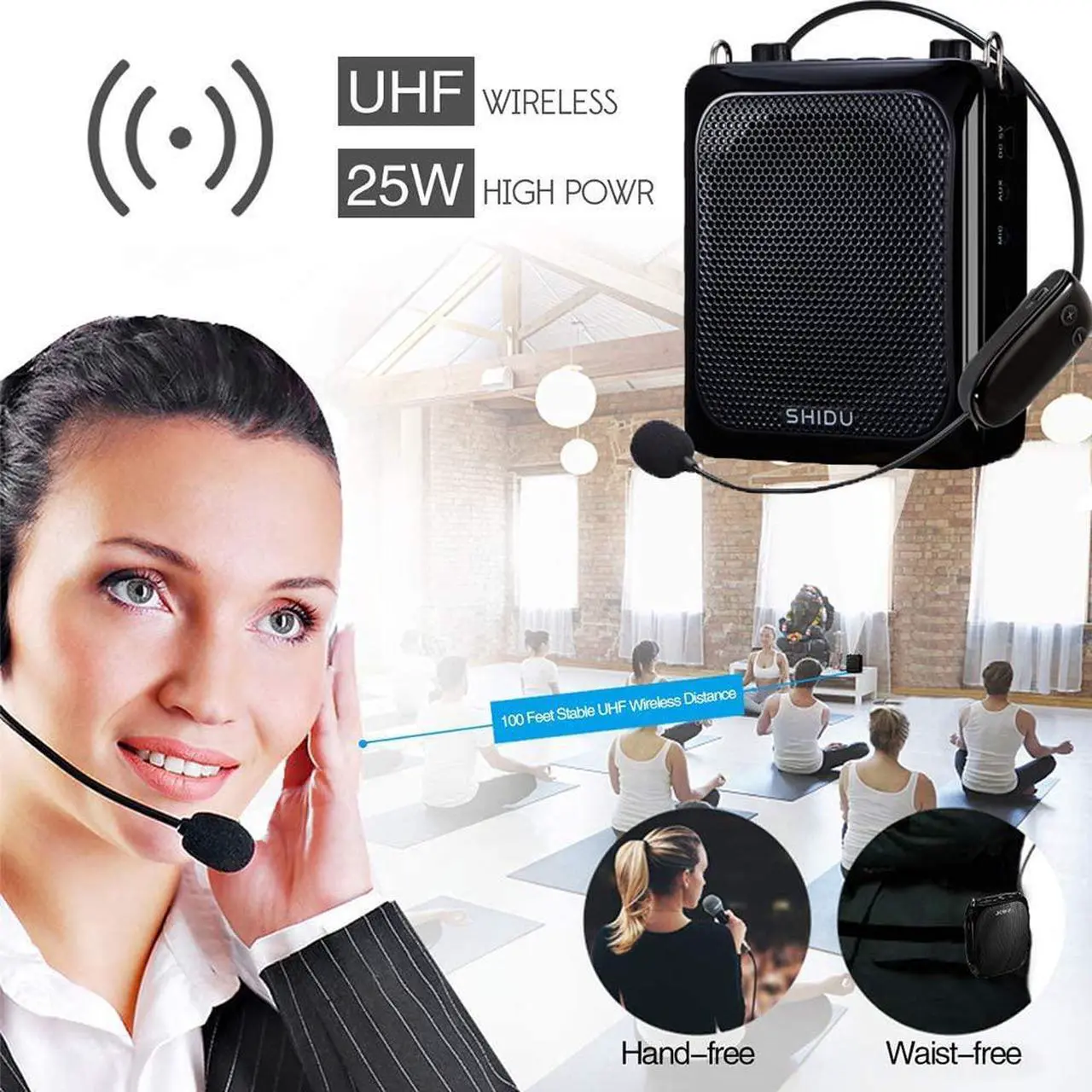 Alt view image 3 of 7 - Wireless Voice Amplifier, Protable 25W High Power PA System with UHF Headset Microphone and Speaker, Multifunction Bluetooth Speakers Megaphone for Outdoor, Teachers, Classroom, Tour Guide, Fitness