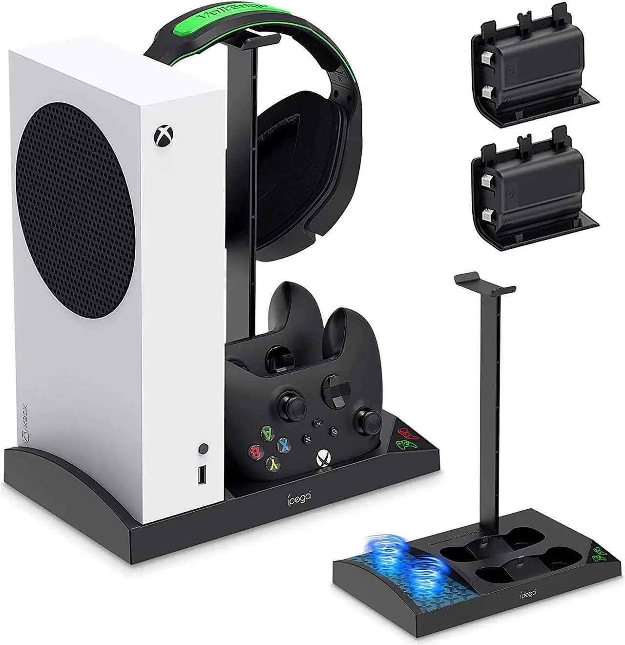 Main image of Upgraded Cooling Stand for Xbox Series S Console with Controller Charging Station - Dual Powerful Cooling Fan & Controller Charger Dock with 2 x 1400mAh Rechargeable Batteries, Headset Holder for XSS