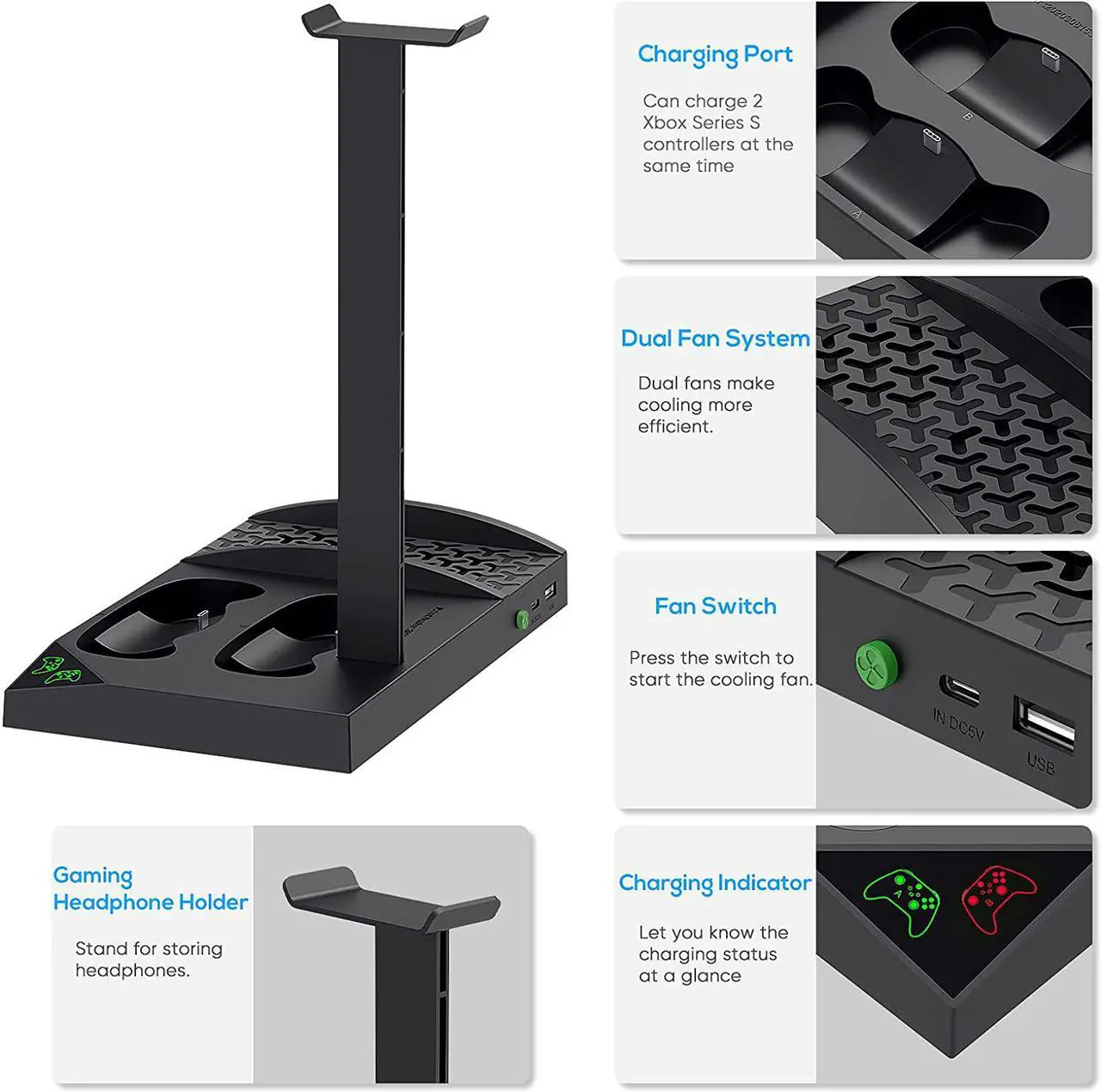 Alt view image 5 of 7 - Upgraded Cooling Stand for Xbox Series S Console with Controller Charging Station - Dual Powerful Cooling Fan & Controller Charger Dock with 2 x 1400mAh Rechargeable Batteries, Headset Holder for XSS