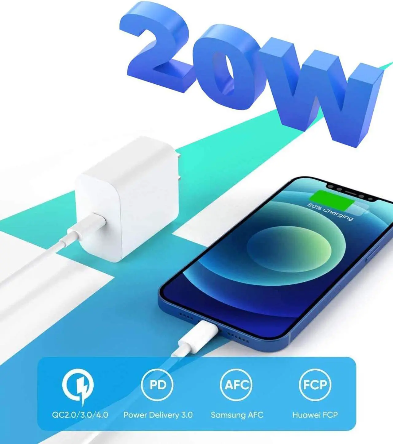 Alt view image 3 of 7 - [Apple MFi Certified] iPhone Fast Charger, GEONAV 20W Power Delivery Type C Rapid Wall Charger Travel Plug & 6FT USB C to Lightning Quick Charge Data Sync Cord for iPhone 12/11/XS/XR/X 8/iPad/AirPods