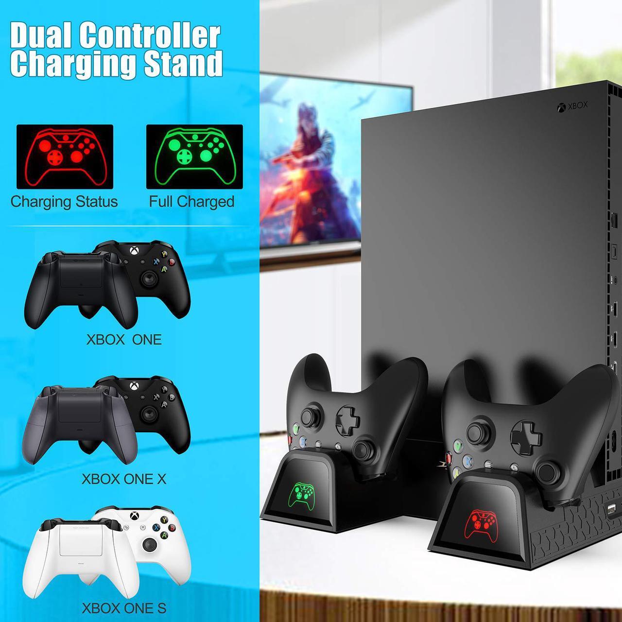 Alt view image 3 of 7 - Vertical Cooling Stand For Xbox One / Xbox One S / Xbox One X, Dual Controller Charging Docking Station for Xbox One Cooler Cooling Fan with 2 600mAh Batteries, Games Storage