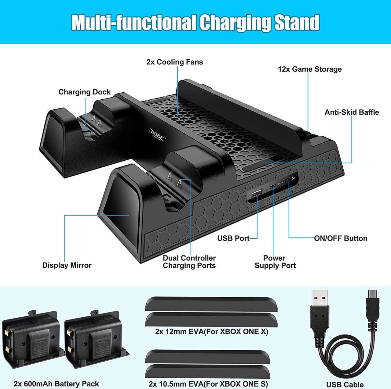 Alt view image 6 of 7 - Vertical Cooling Stand For Xbox One / Xbox One S / Xbox One X, Dual Controller Charging Docking Station for Xbox One Cooler Cooling Fan with 2 600mAh Batteries, Games Storage