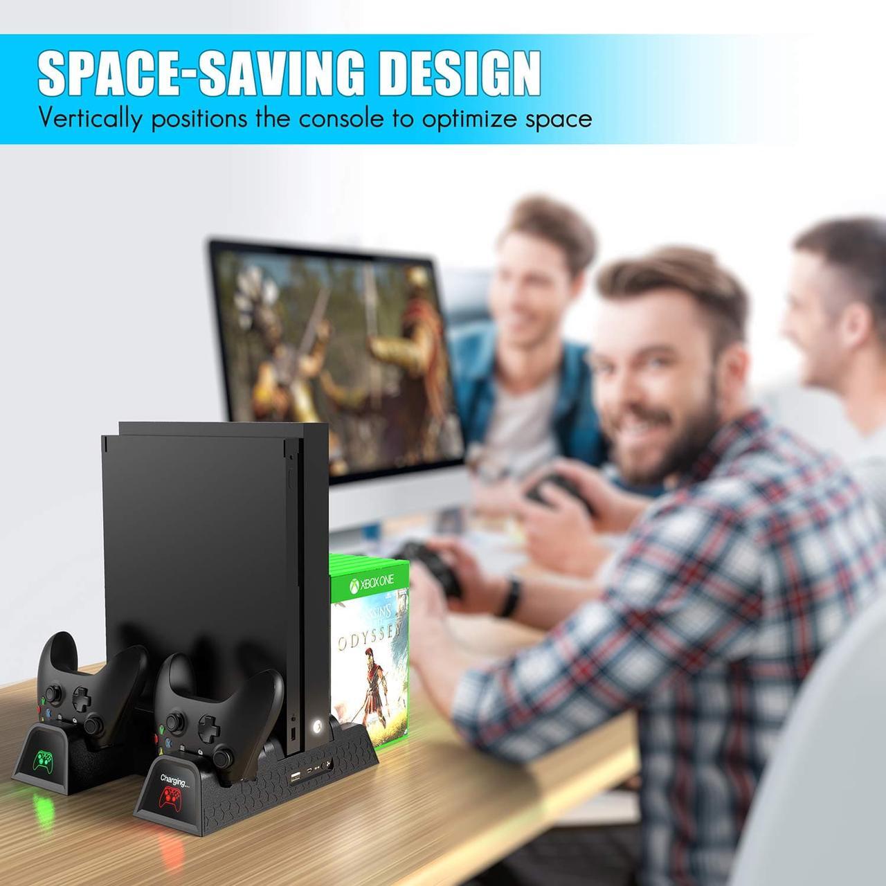 Alt view image 5 of 7 - Vertical Cooling Stand For Xbox One / Xbox One S / Xbox One X, Dual Controller Charging Docking Station for Xbox One Cooler Cooling Fan with 2 600mAh Batteries, Games Storage