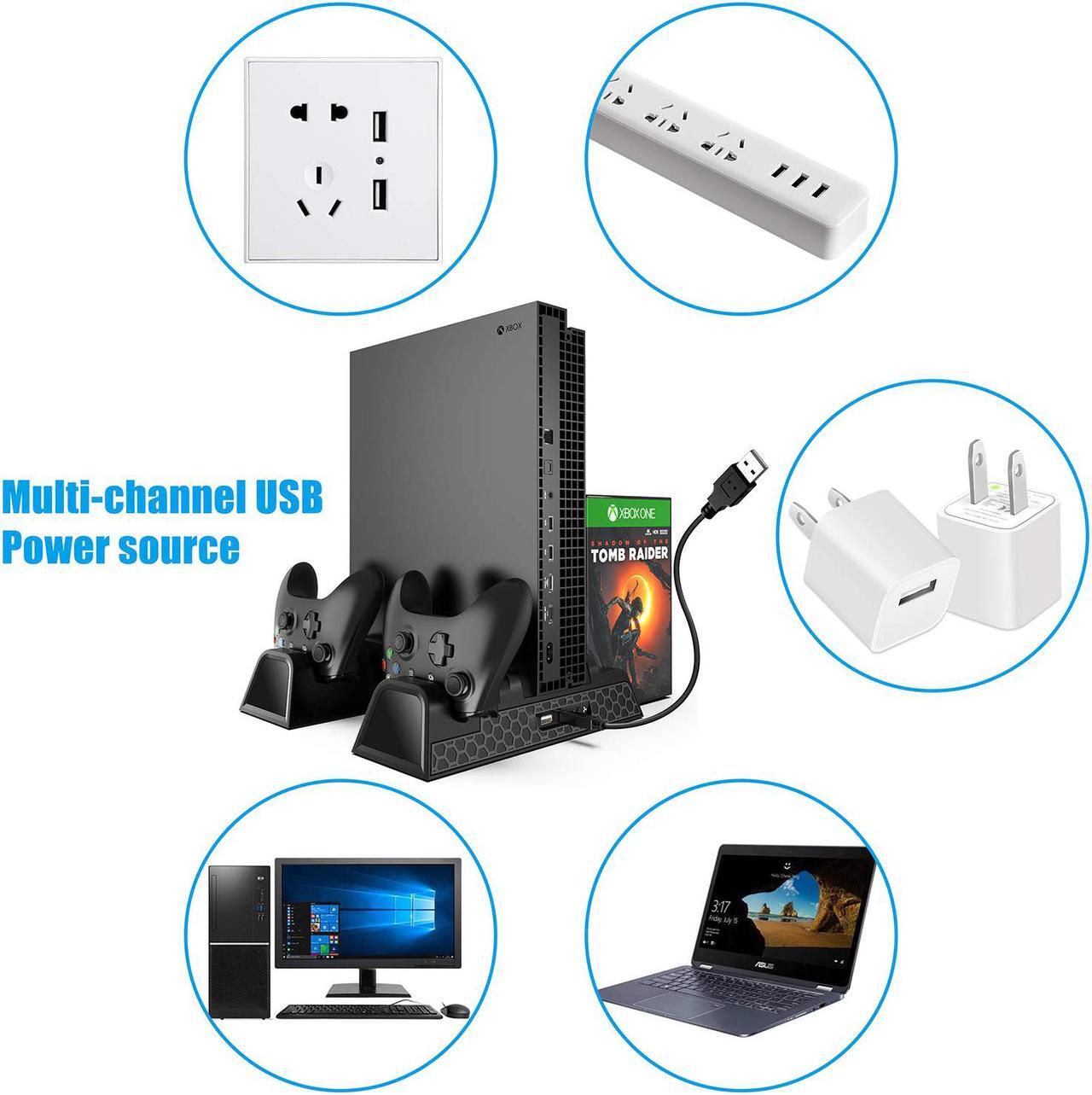 Alt view image 4 of 7 - Vertical Cooling Stand For Xbox One / Xbox One S / Xbox One X, Dual Controller Charging Docking Station for Xbox One Cooler Cooling Fan with 2 600mAh Batteries, Games Storage