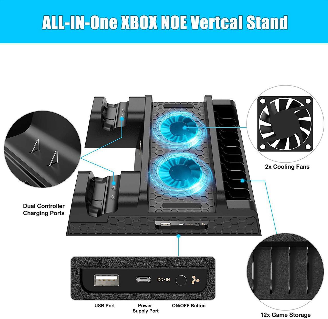 Alt view image 2 of 7 - Vertical Cooling Stand For Xbox One / Xbox One S / Xbox One X, Dual Controller Charging Docking Station for Xbox One Cooler Cooling Fan with 2 600mAh Batteries, Games Storage
