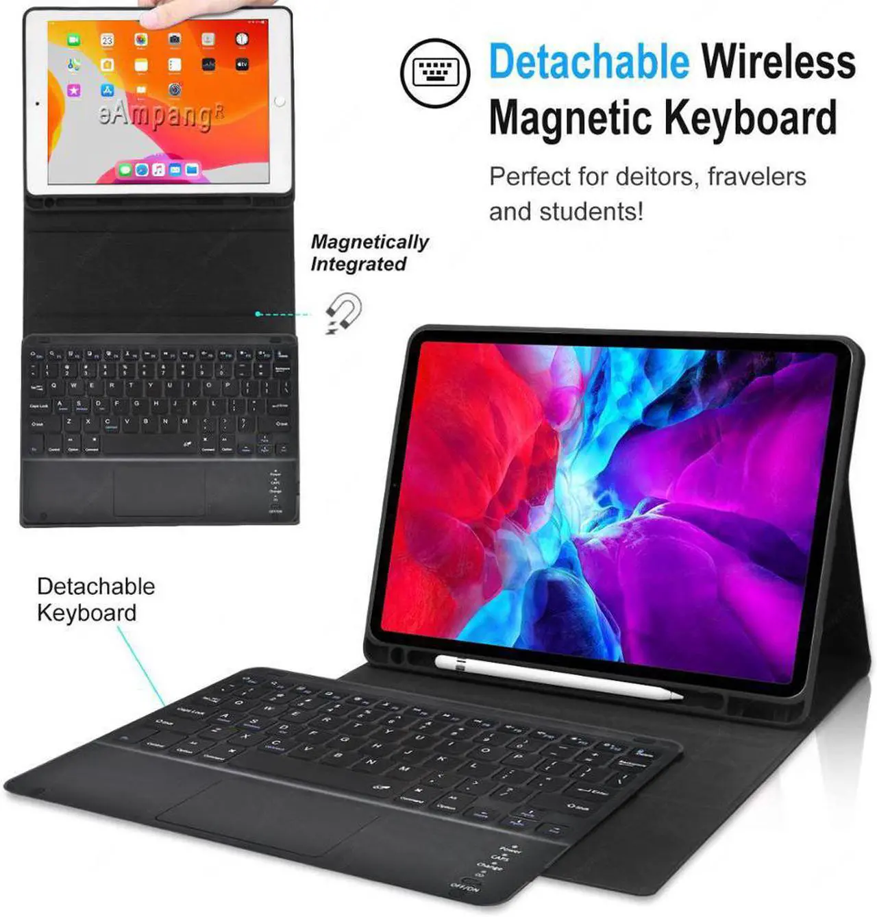 Alt view image 2 of 7 - Bluetooth Keyboard Case with Trackpad for iPad Pro 12.9 inch 2017 2015 (Old Model, 2nd & 1st Generation) Removable Wireless Keyboard with Leather Cover / Pencil Holder