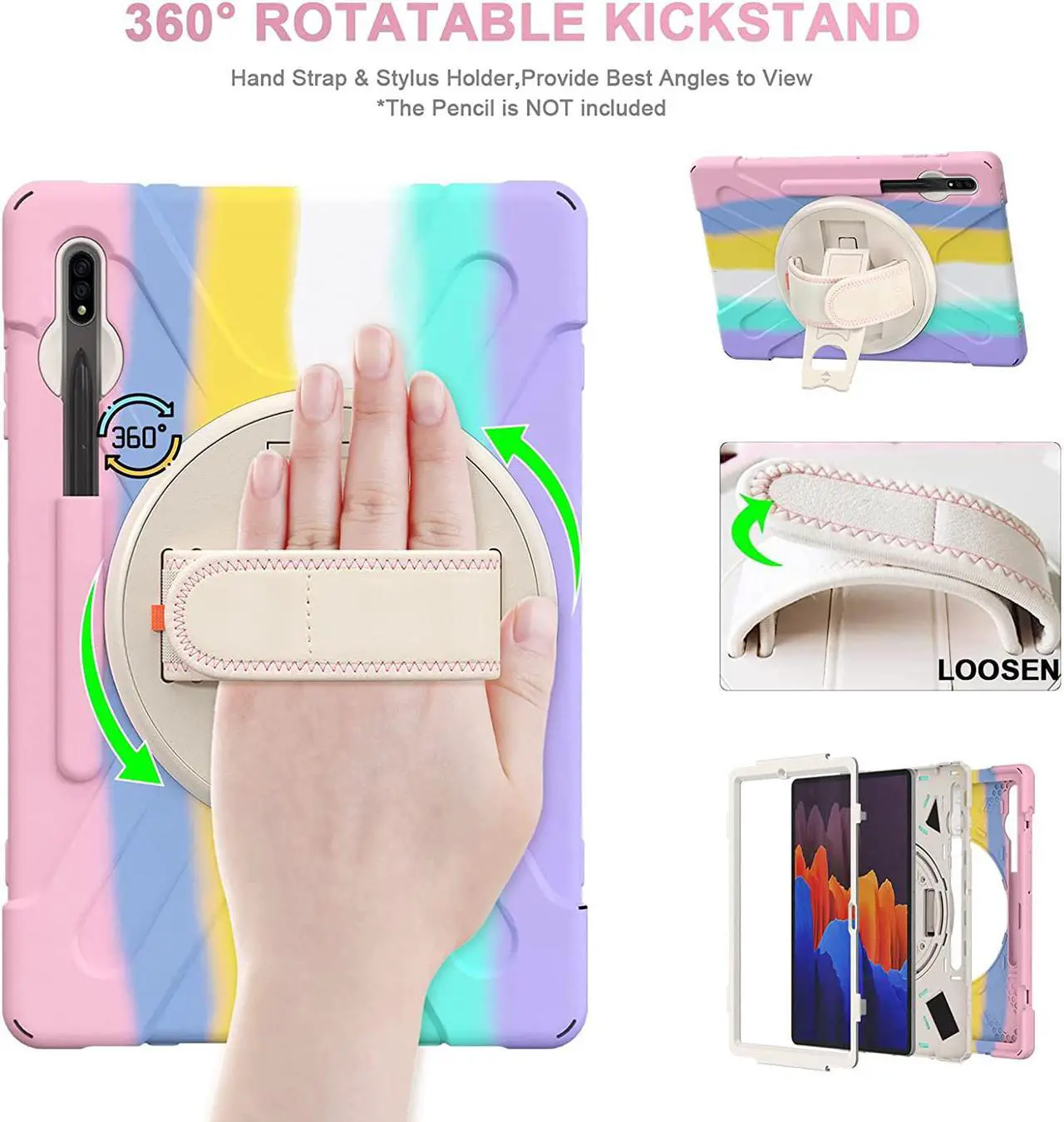 Alt view image 3 of 7 - Galaxy Tab S7 Plus 12.4 Case 2020 with Pencil Holder, Stand, Hand Strap, Shoulder Belt, Shockproof Cover for Samsung Galaxy Tab S7 Plus 2020 12.4 inch Model SM-T970 T975 T976