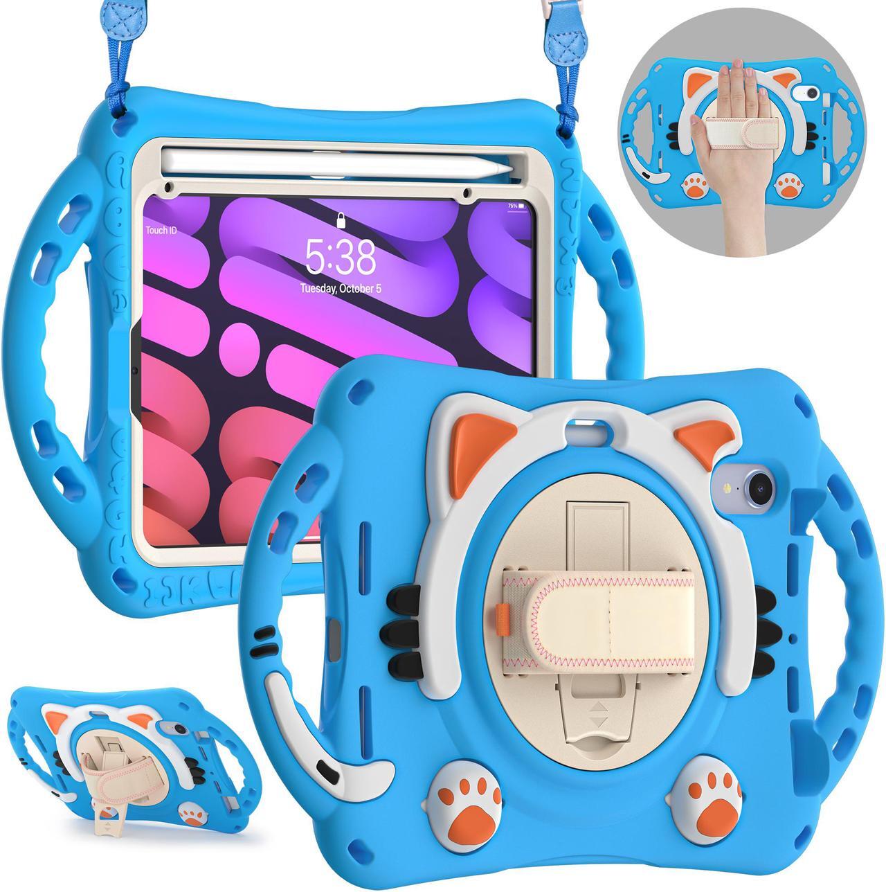 Main image of Kids Case for Apple iPad Mini 6 8.3 Inch 2021, Silicone Shockproof Protective Cover with Pencil Holder Handle Grip Hand Strap Kickstand Shoulder Strap for iPad Mini 6th Generation
