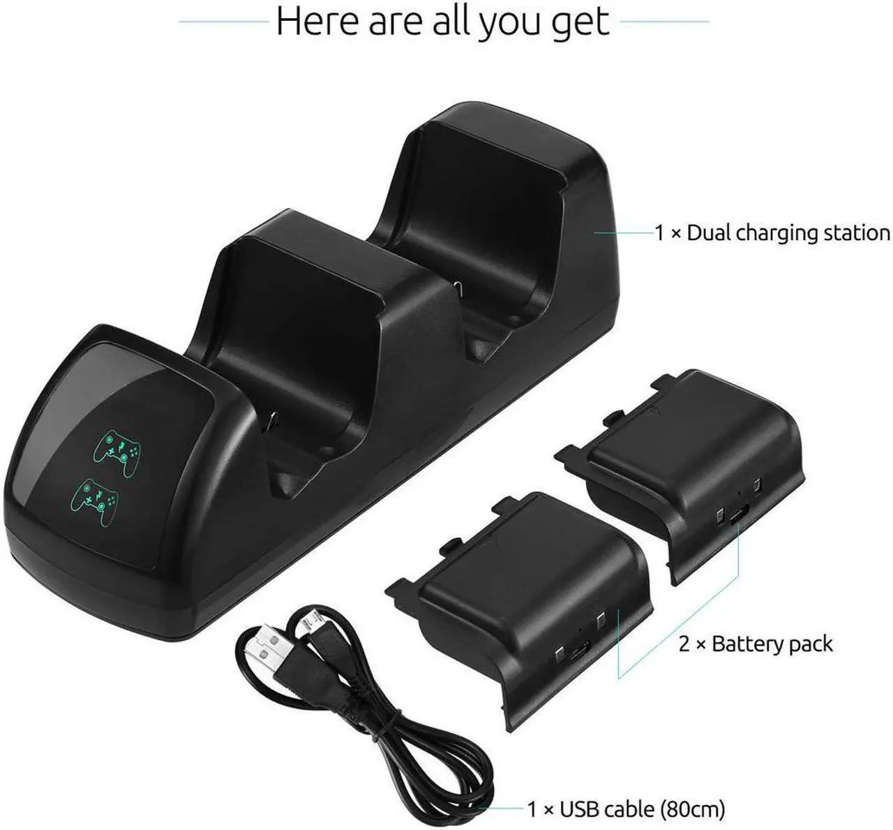 Alt view image 7 of 7 - For Xbox One Controller Dual Charger Controller Charging Stand Elite Controller Charging Station High Speed Docking for Xbox One / One S / One X with 2 Rechargeable Battery Packs
