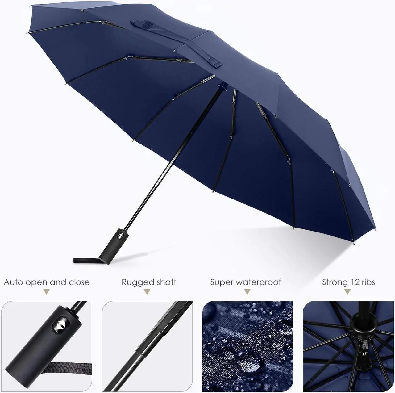 Alt view image 2 of 7 - WERLEO 12 Ribs Windproof Travel Umbrella with Teflon Canopy Lengthened Handle with Auto Open Close Button Compact Protection from Rain, Free Upscale Leather Cover