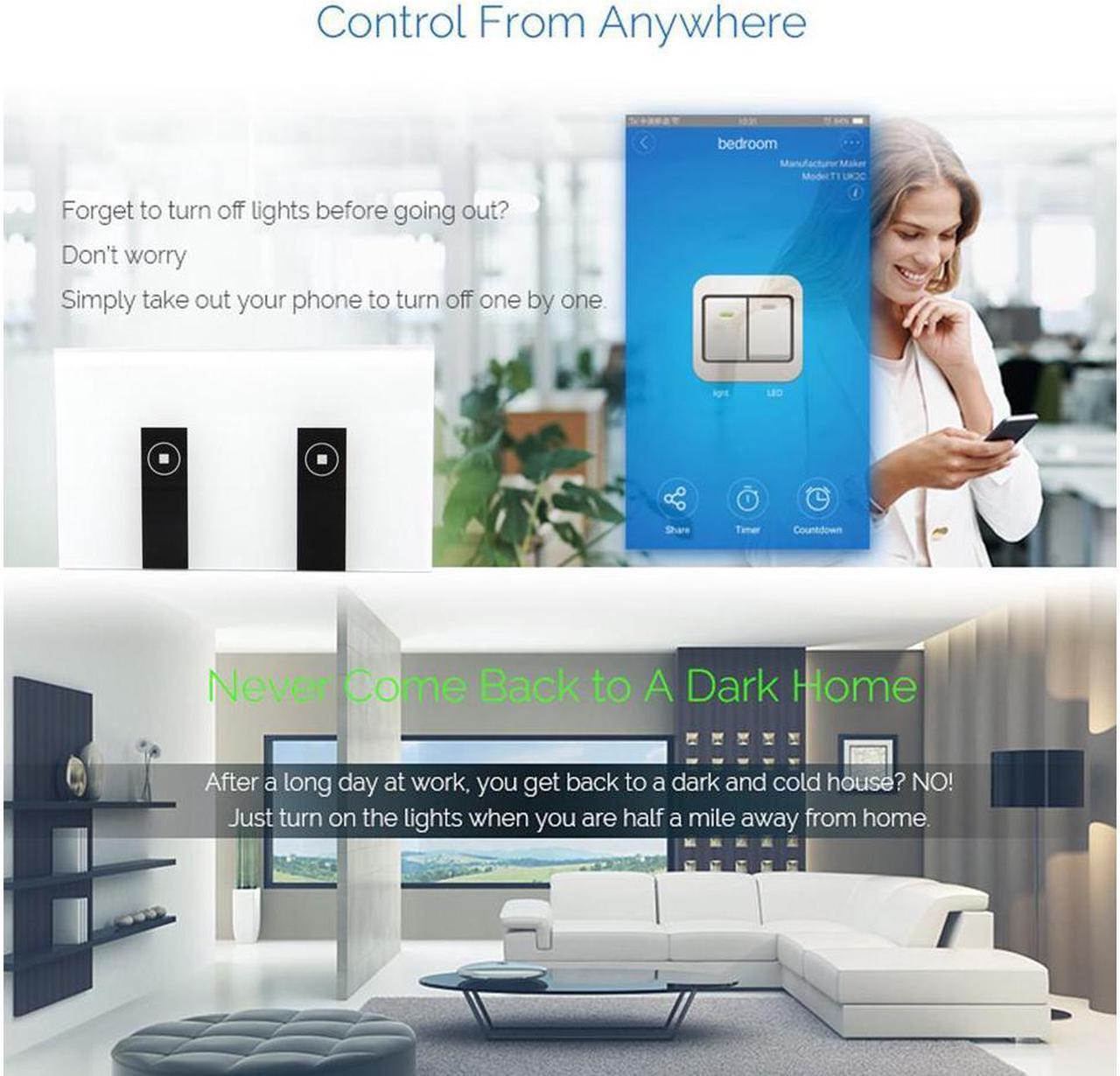 Alt view image 6 of 7 - WIFI Smart Wall Light Home Switch 2 Gang Wireless in Wall Glass Touch Panel Plate Works with Alexa Echo Google Home Remote Control Lights by Android/IOS APP
