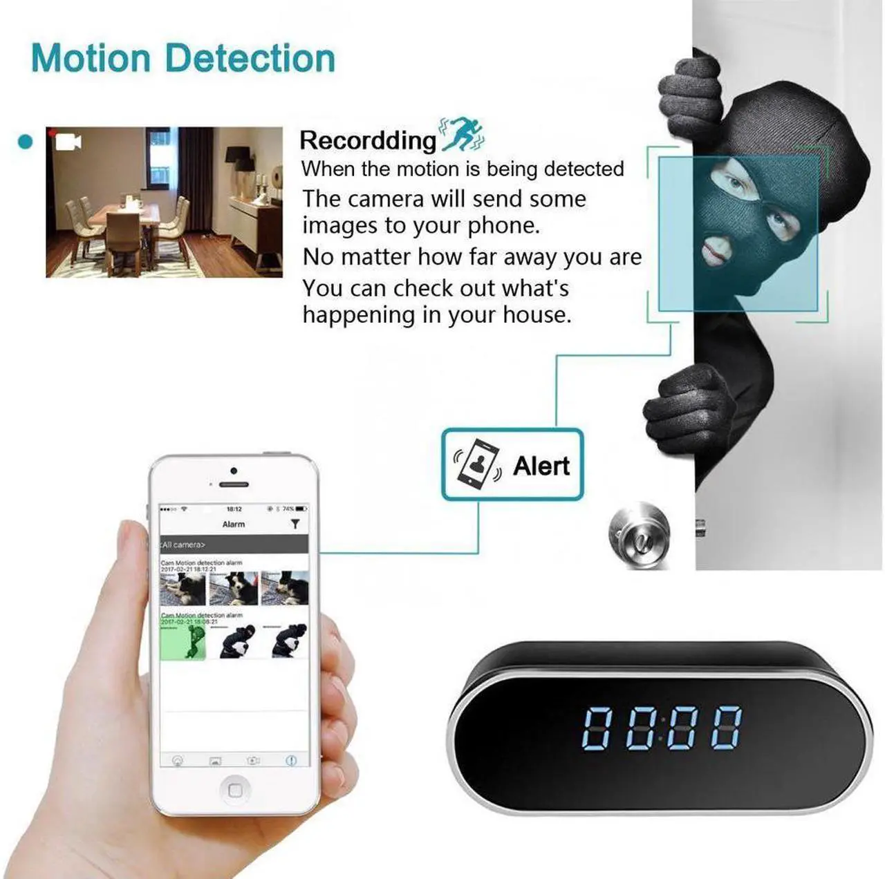 Alt view image 4 of 7 - WiFi Hidden Camera Clock Hidden Spy Clock Camera Night Vision Nanny Cam Mini Alarm Clock DVR With Motion Detection for Home Security Surveillance Apps for iOS Android PC Mac