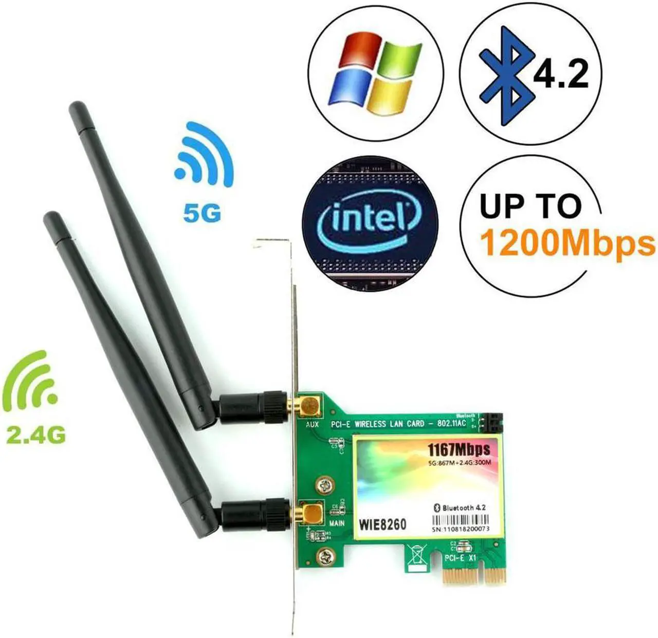 Main image of AC 1200Mbps Bluetooth 4.2 Wireless Network Card 802.11 AC Dual-Band 1167Mbps WiFi Card with Bluetooth 4.2 Dual-Band 5Ghz-867Mbps / 2.4Ghz-300Mbps Network Card for PC - WIE8260