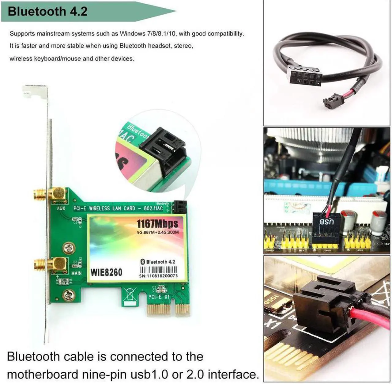 Alt view image 2 of 7 - AC 1200Mbps Bluetooth 4.2 Wireless Network Card 802.11 AC Dual-Band 1167Mbps WiFi Card with Bluetooth 4.2 Dual-Band 5Ghz-867Mbps / 2.4Ghz-300Mbps Network Card for PC - WIE8260