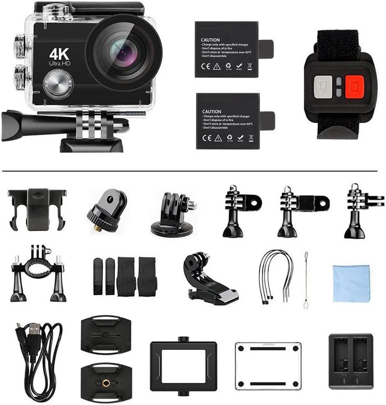 Alt view image 7 of 7 - 4K Action Camera 16MP Vision 3 Underwater Waterproof Camera 170° Wide Angle WiFi Sports Cam with Remote 2 Batteries and Mounting Accessories Kit